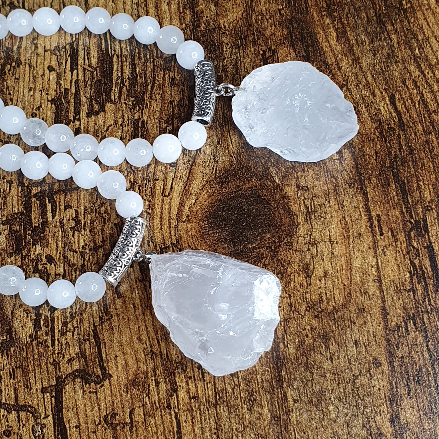 White Jade Beaded Long Boho Necklace Chunky Raw Quartz Pendant