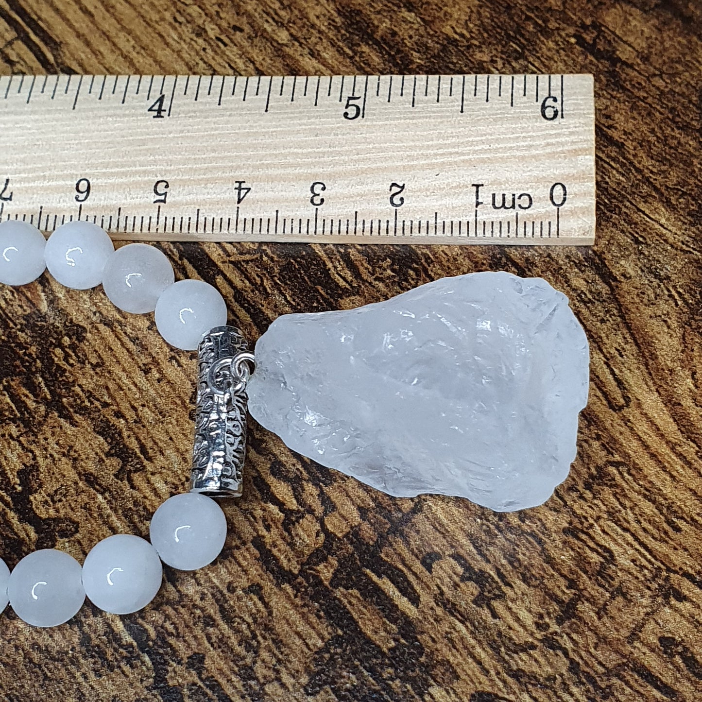 White Jade Beaded Long Boho Necklace Chunky Raw Quartz Pendant