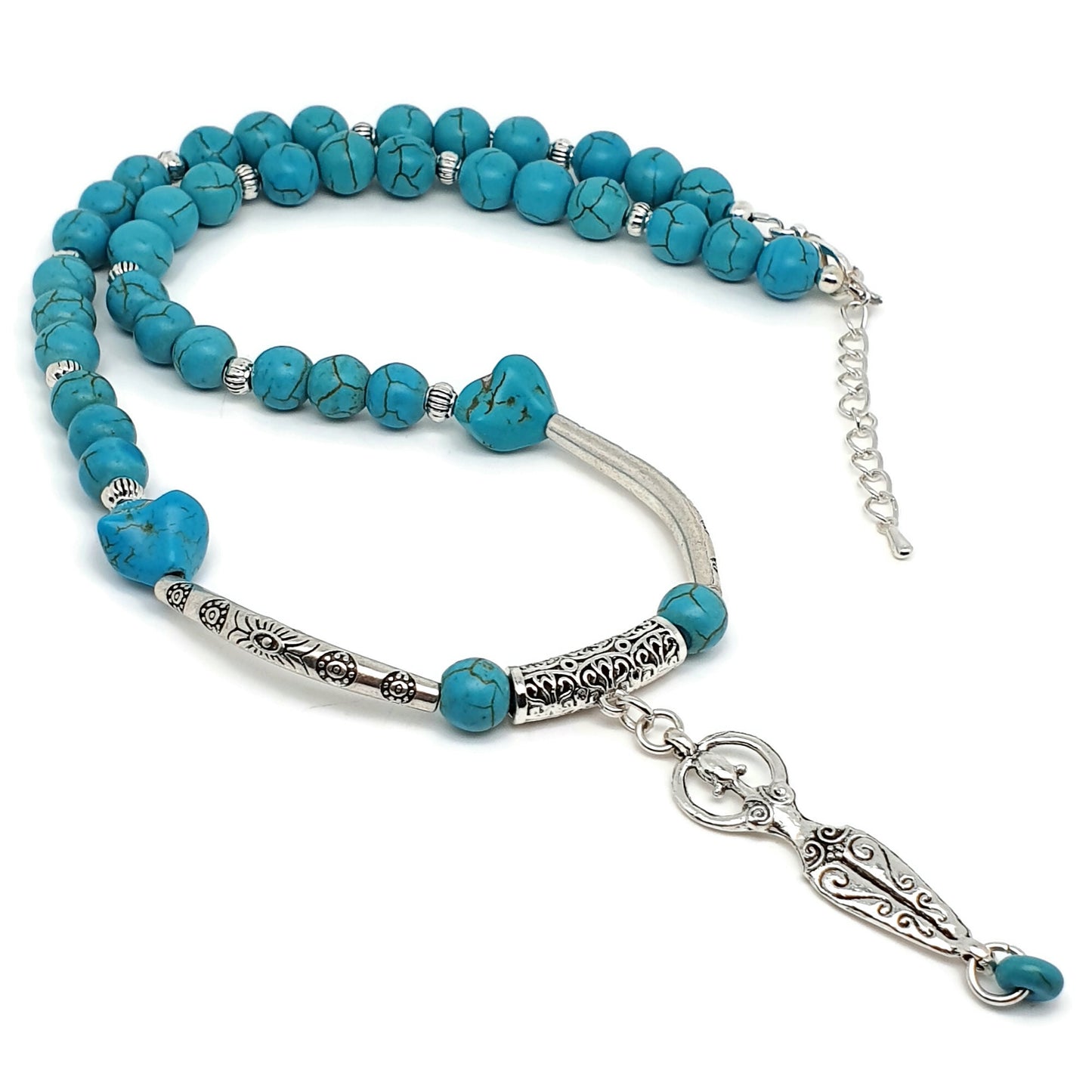 Dyed Blue Howlite Beaded Boho Necklace Tibetan Silver Fertility Goddess Pendant