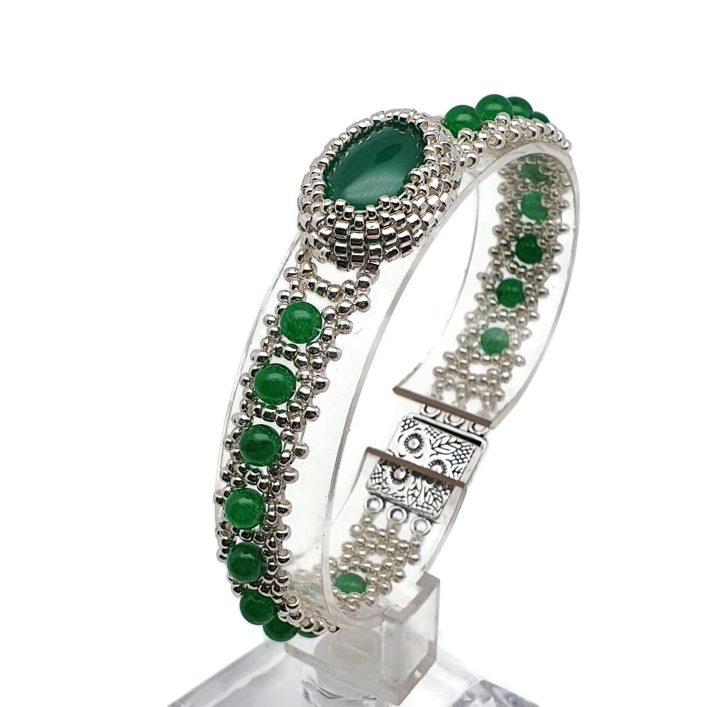 Green Jade Watch Bracelet Beaded Interlaced Crystal Magnetic Clasp