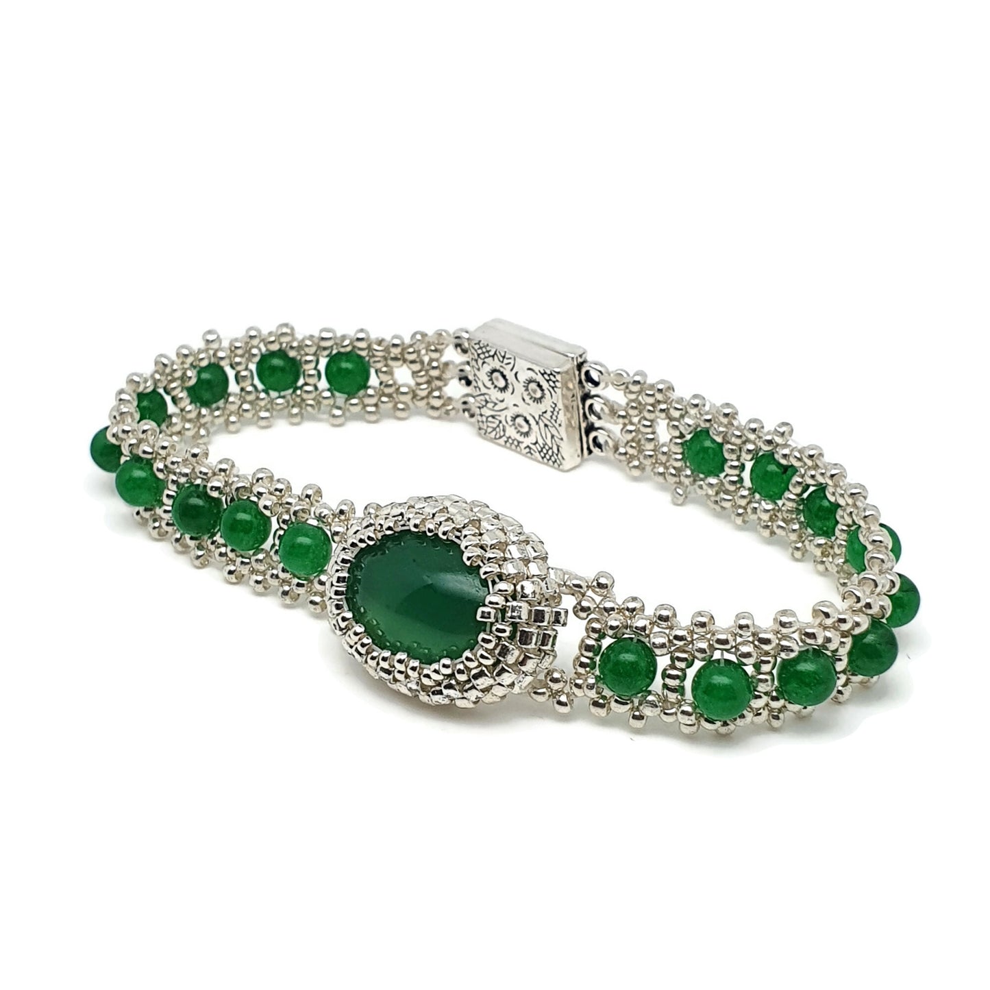 Green Jade Watch Bracelet Beaded Interlaced Crystal Magnetic Clasp