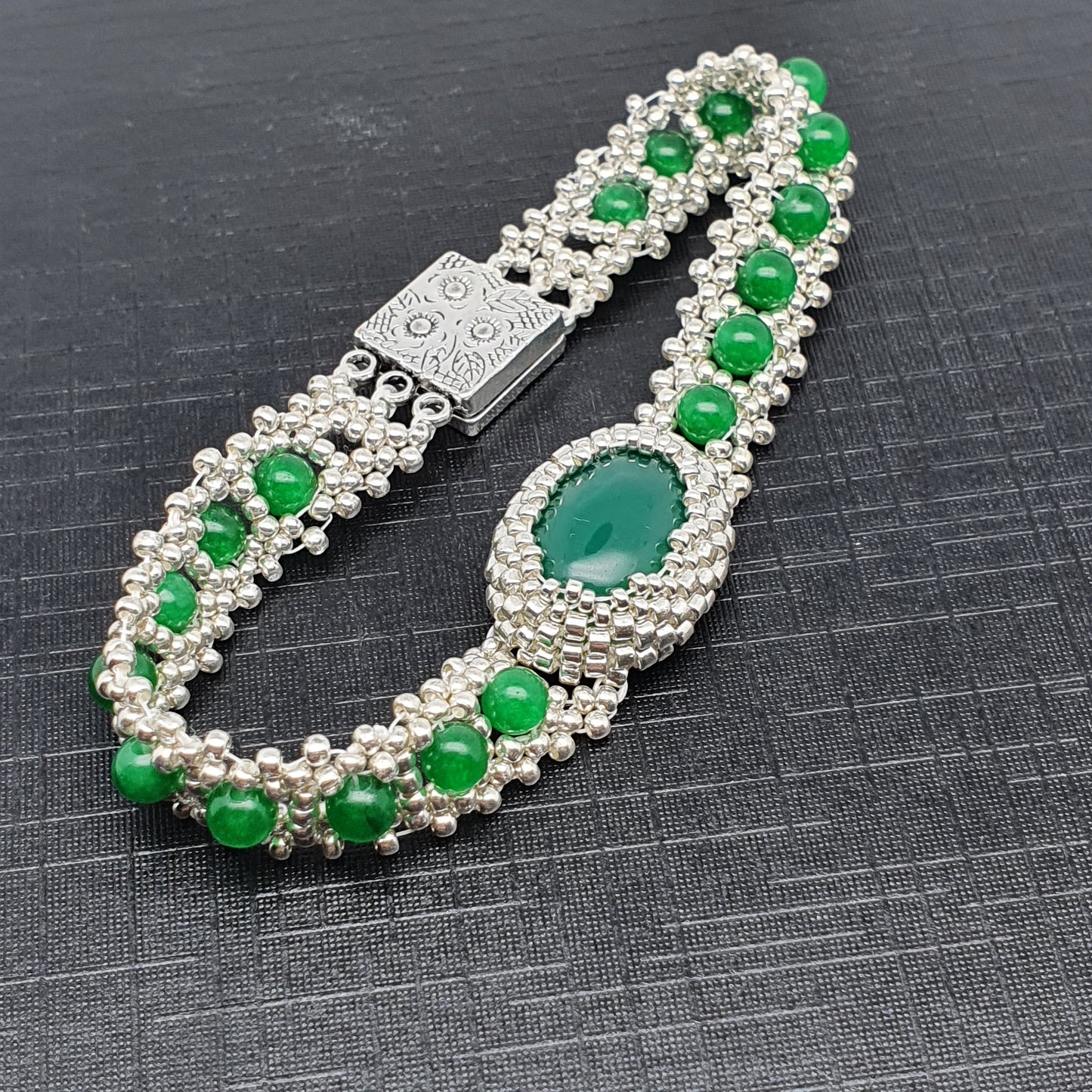 Green Jade Watch Bracelet Beaded Interlaced Crystal Magnetic Clasp