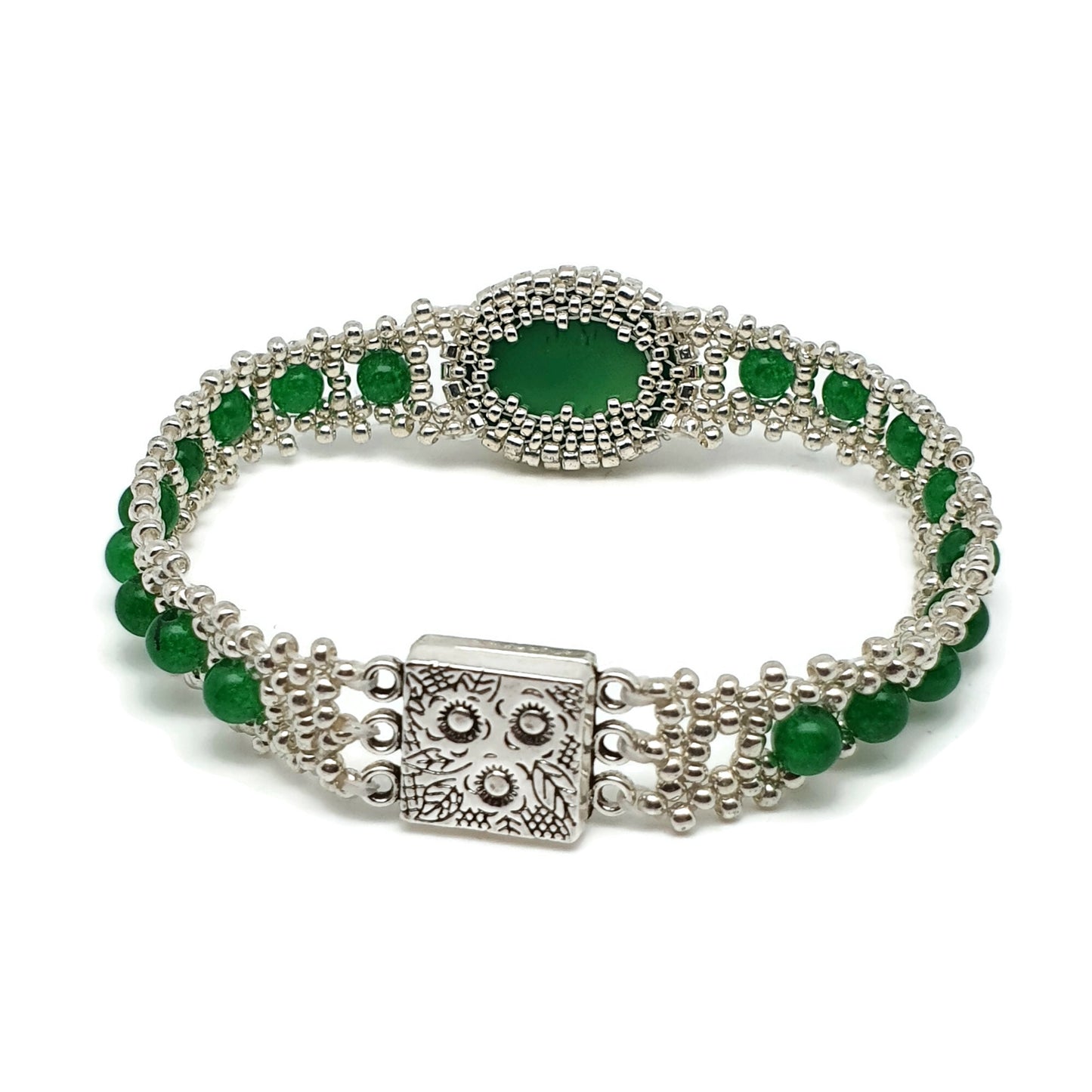 Green Jade Watch Bracelet Beaded Interlaced Crystal Magnetic Clasp