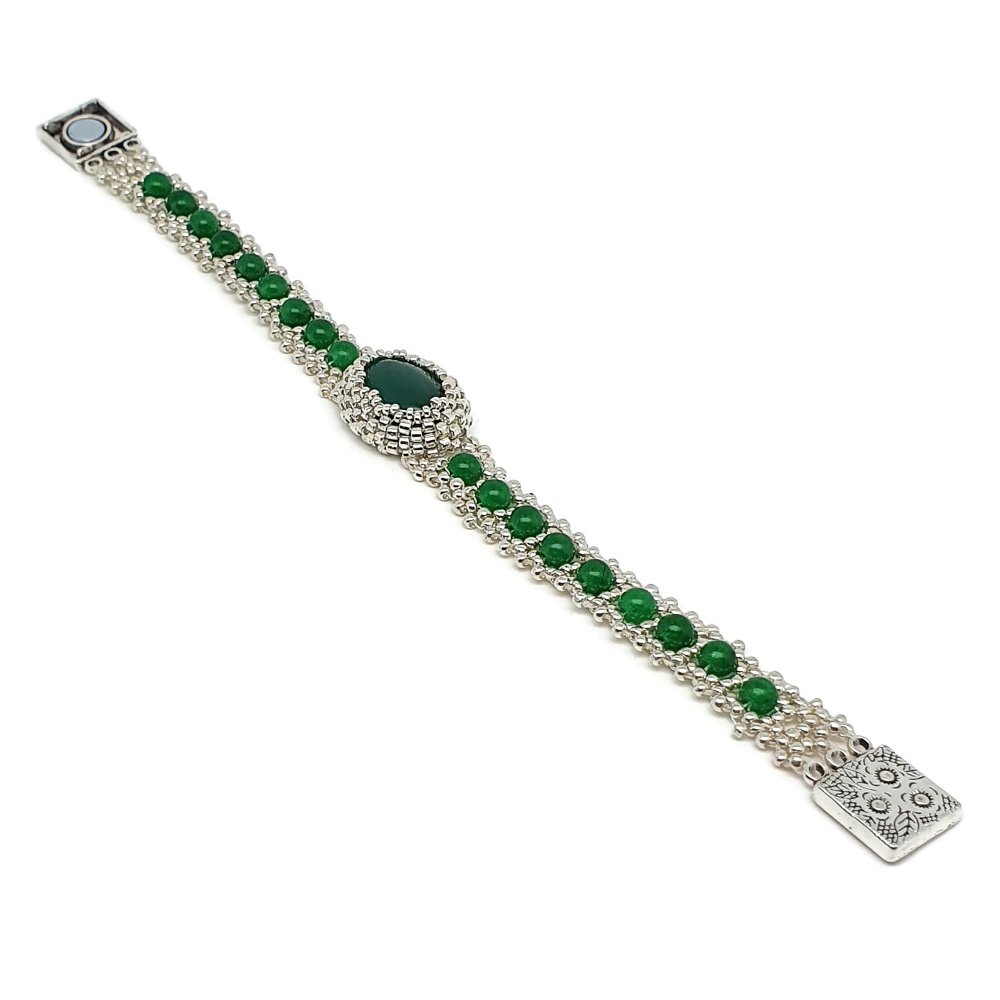 Green Jade Watch Bracelet Beaded Interlaced Crystal Magnetic Clasp