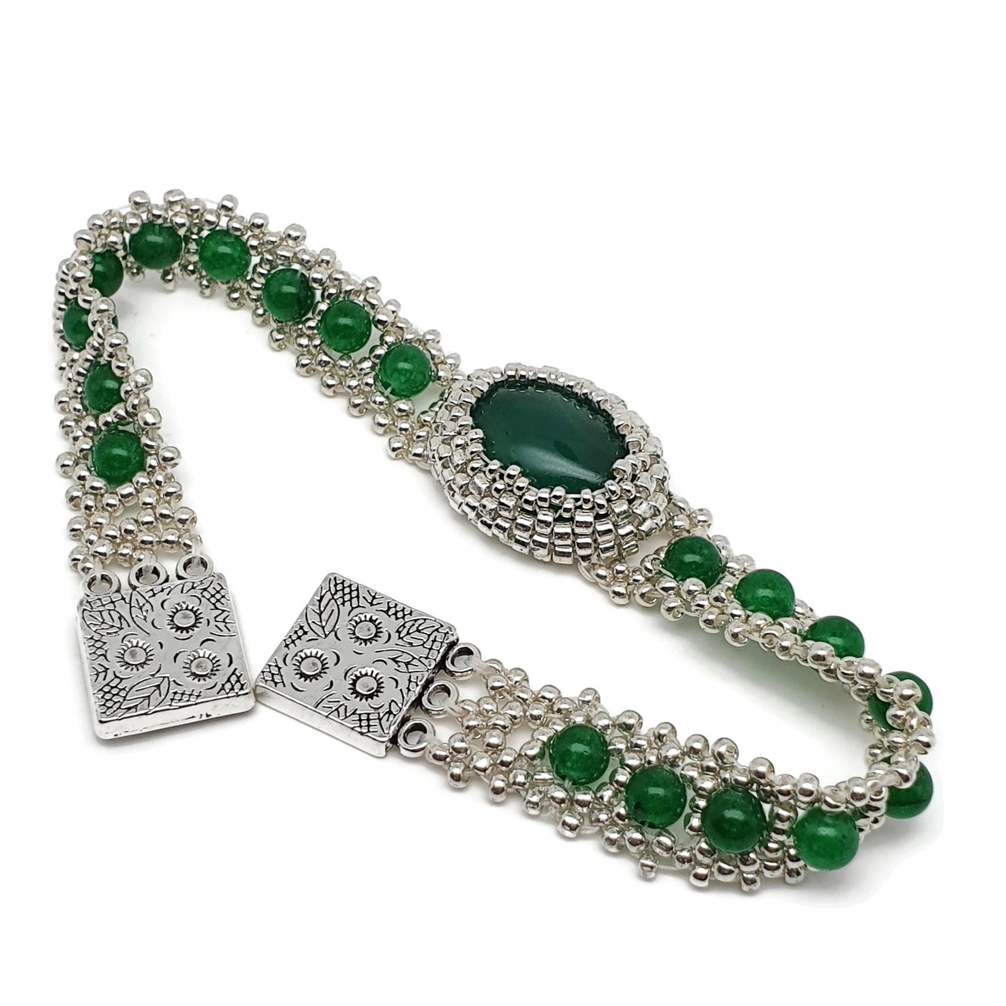 Green Jade Watch Bracelet Beaded Interlaced Crystal Magnetic Clasp