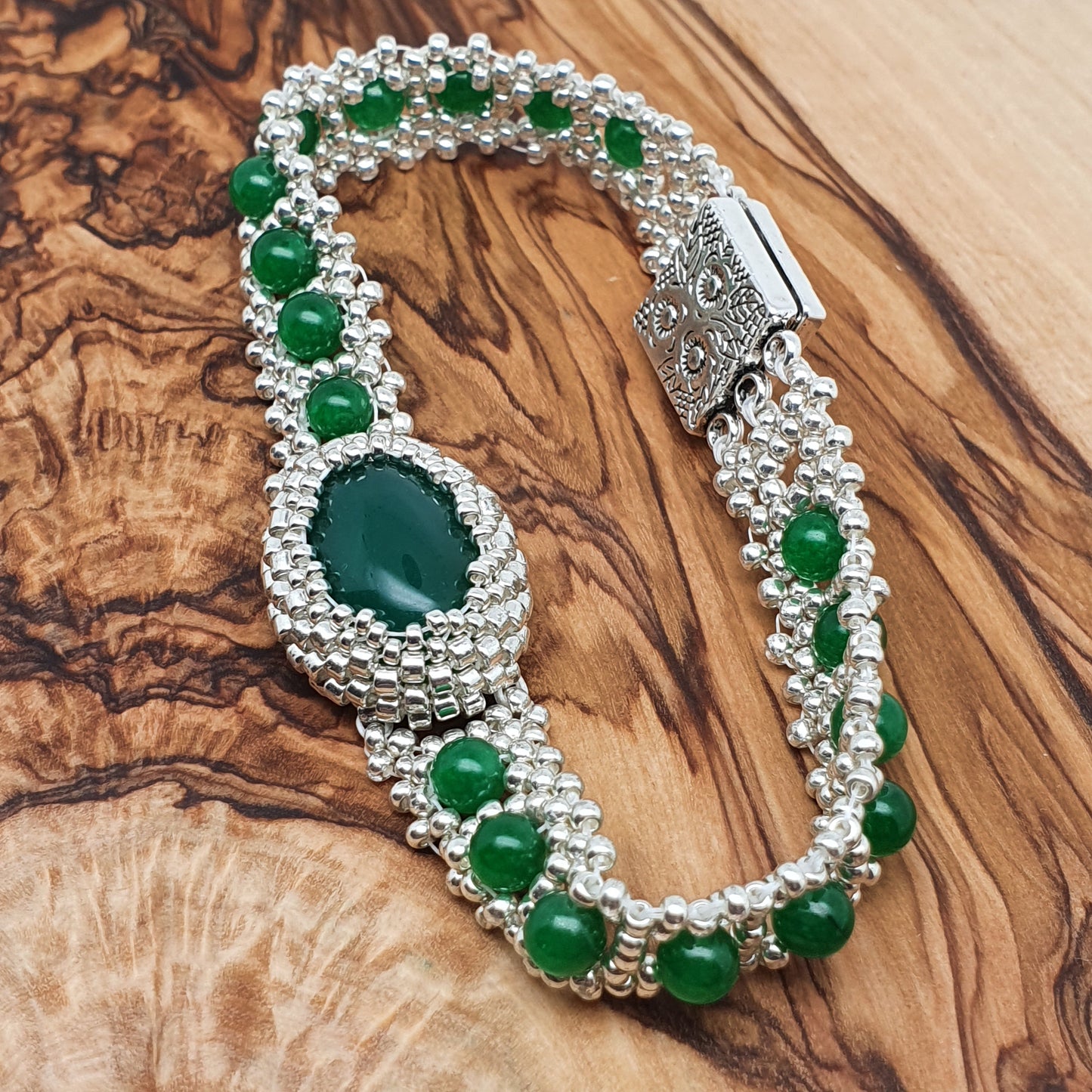 Green Jade Watch Bracelet Beaded Interlaced Crystal Magnetic Clasp