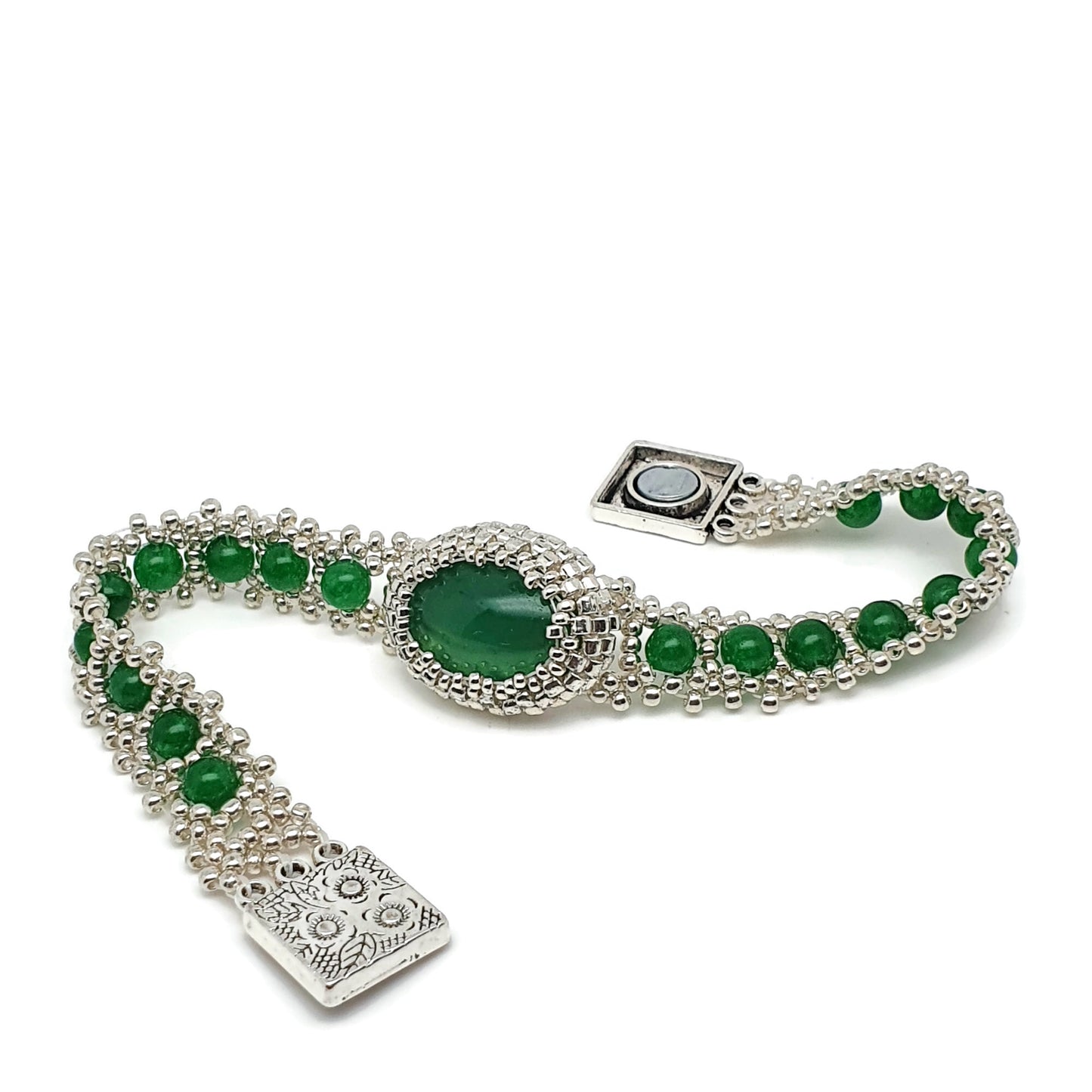 Green Jade Watch Bracelet Beaded Interlaced Crystal Magnetic Clasp