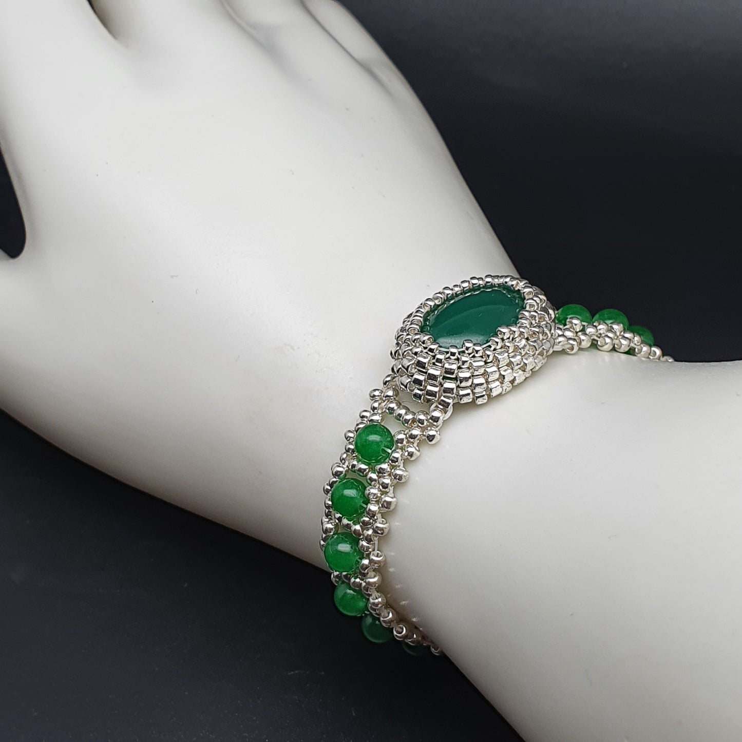 Green Jade Watch Bracelet Beaded Interlaced Crystal Magnetic Clasp