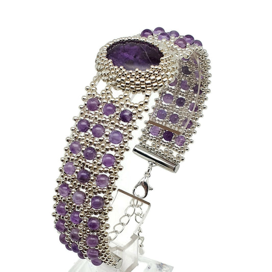 Purple Amethyst Watch Cuff Bracelet Beaded Interlaced Crystal Adjustable Length