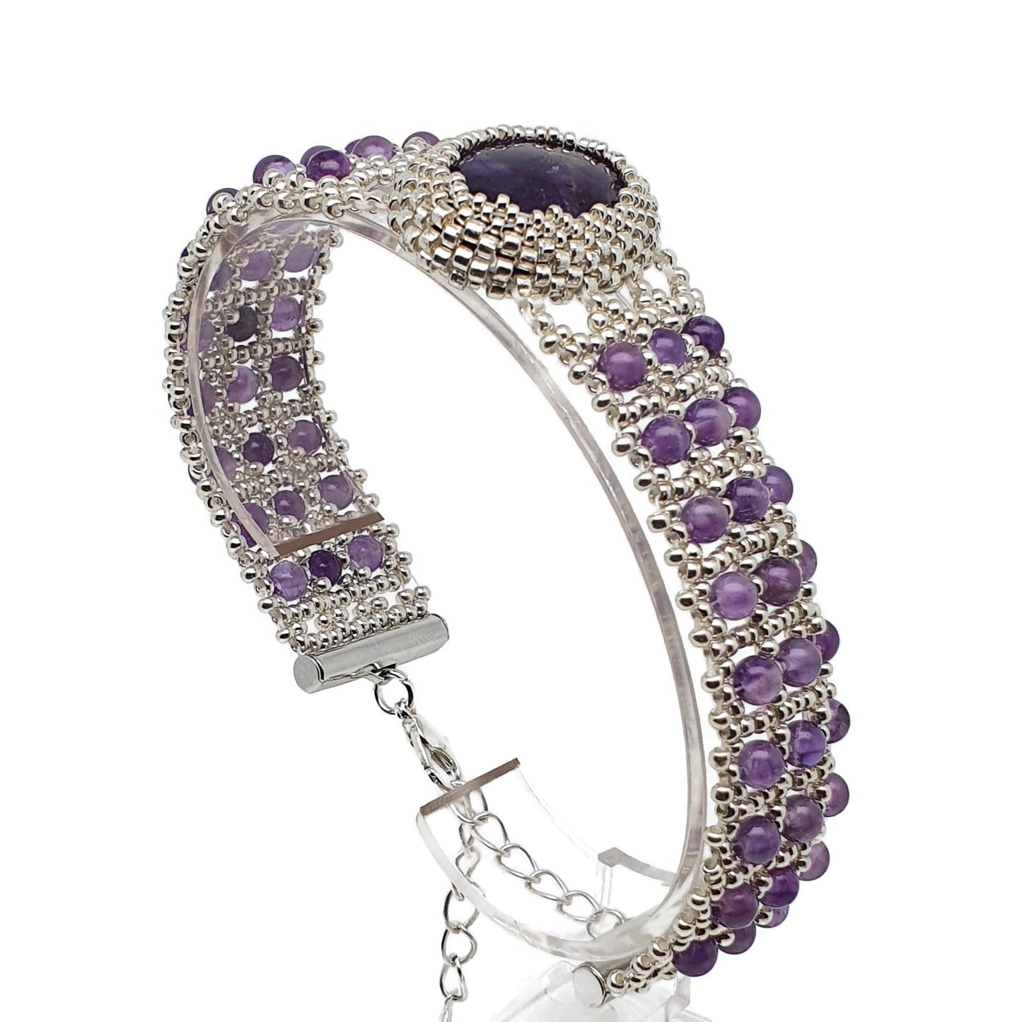 Purple Amethyst Watch Cuff Bracelet Beaded Interlaced Crystal Adjustable Length