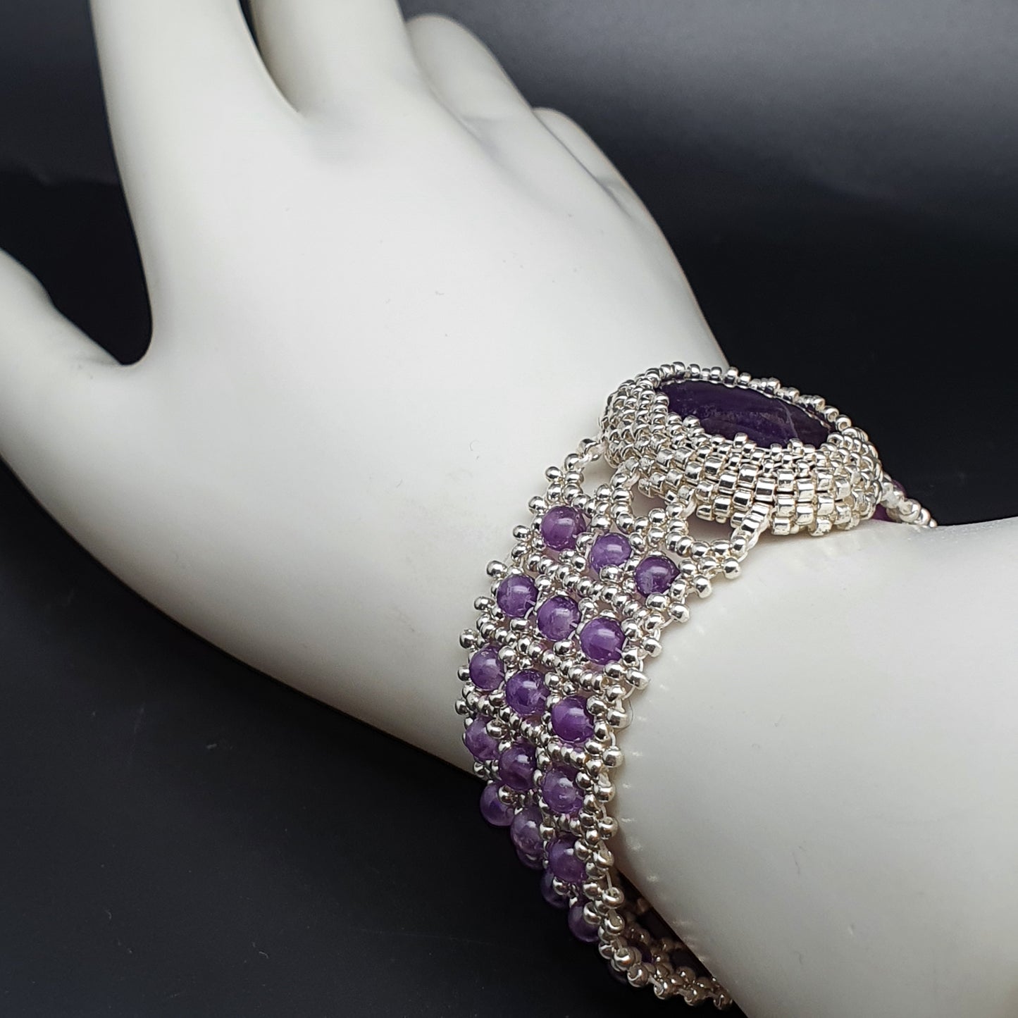 Purple Amethyst Watch Cuff Bracelet Beaded Interlaced Crystal Adjustable Length