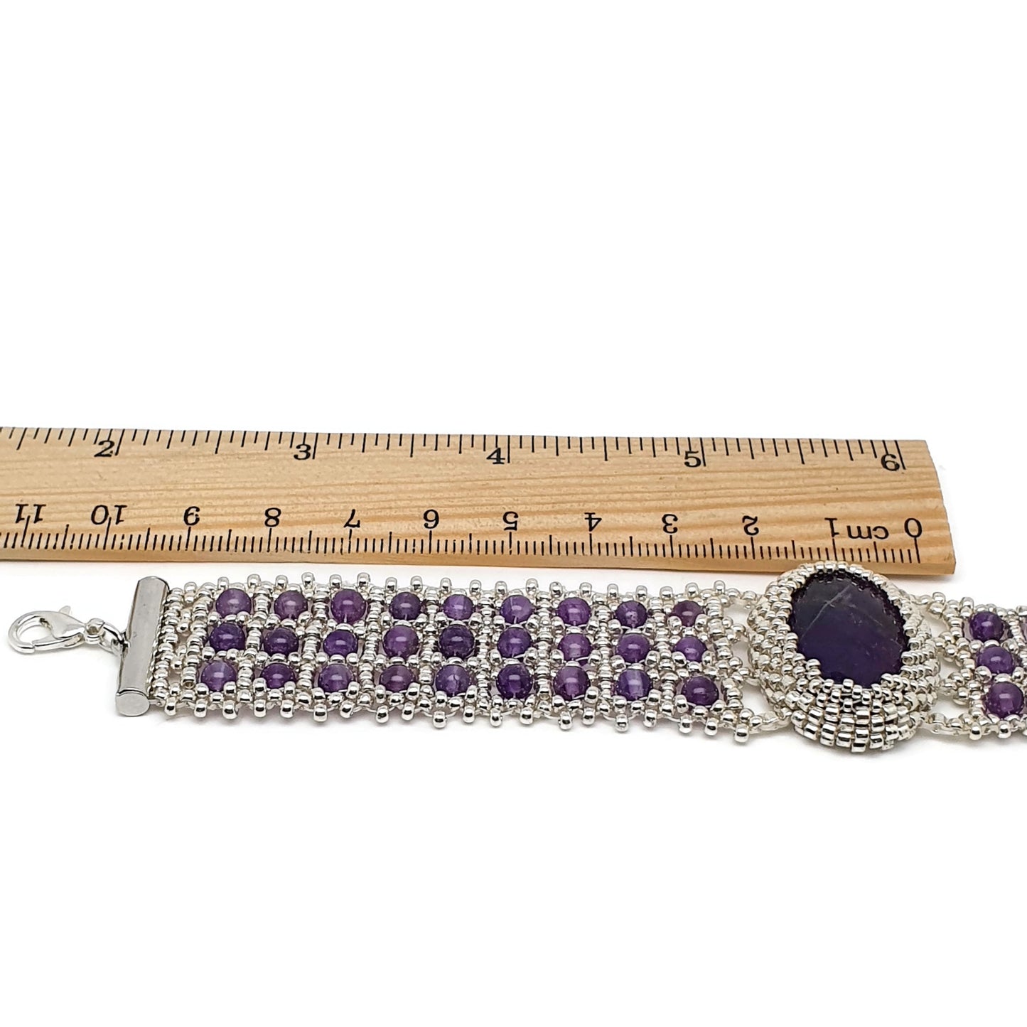 Purple Amethyst Watch Cuff Bracelet Beaded Interlaced Crystal Adjustable Length