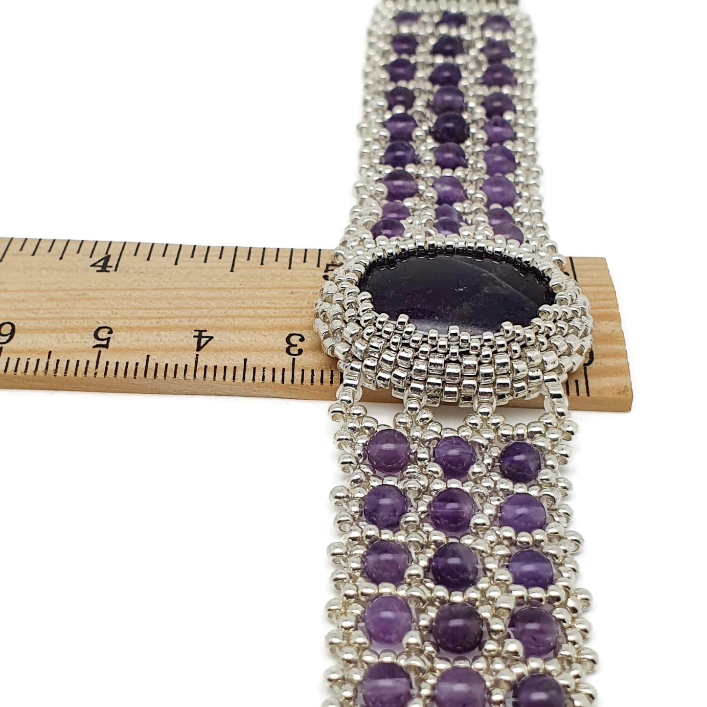 Purple Amethyst Watch Cuff Bracelet Beaded Interlaced Crystal Adjustable Length