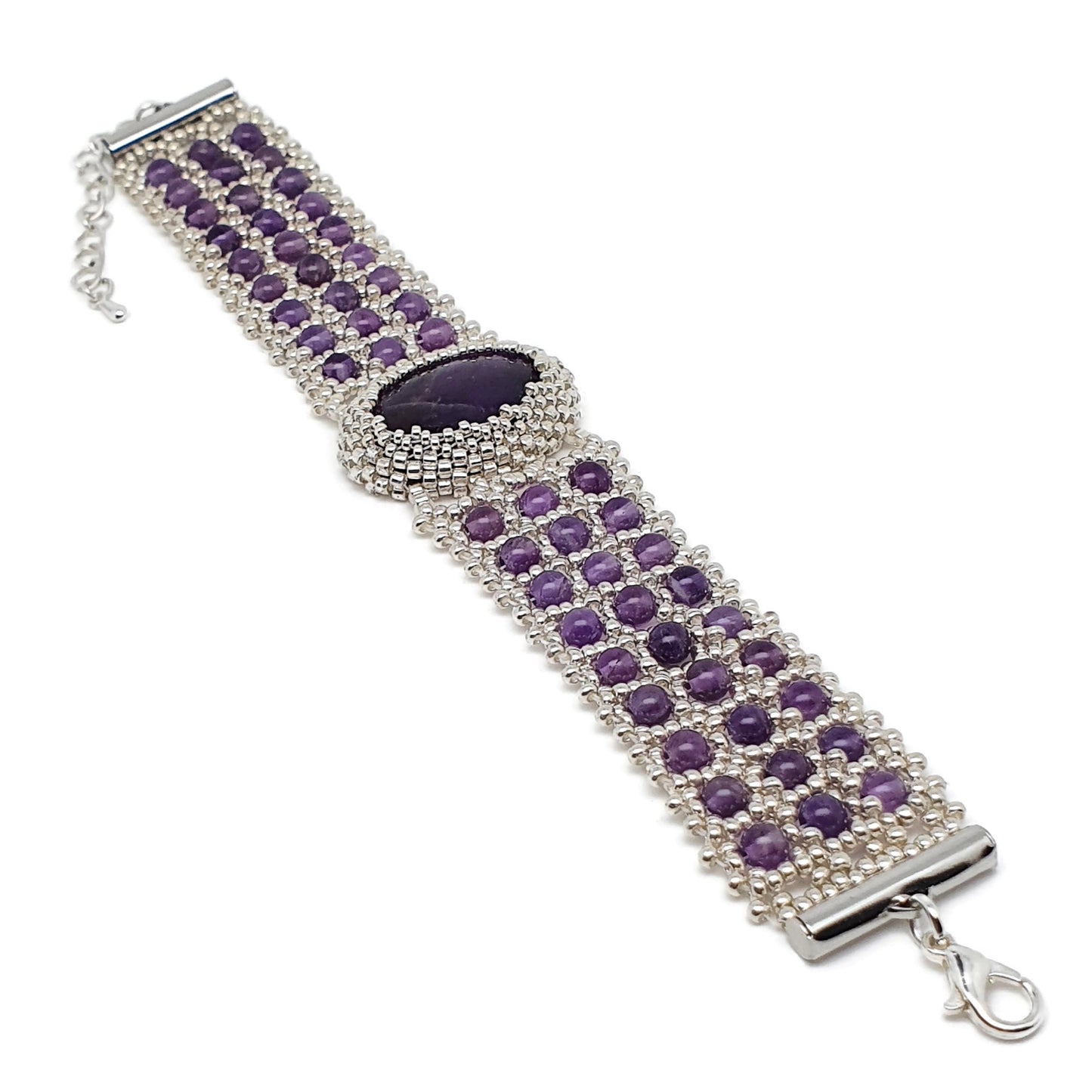 Purple Amethyst Watch Cuff Bracelet Beaded Interlaced Crystal Adjustable Length