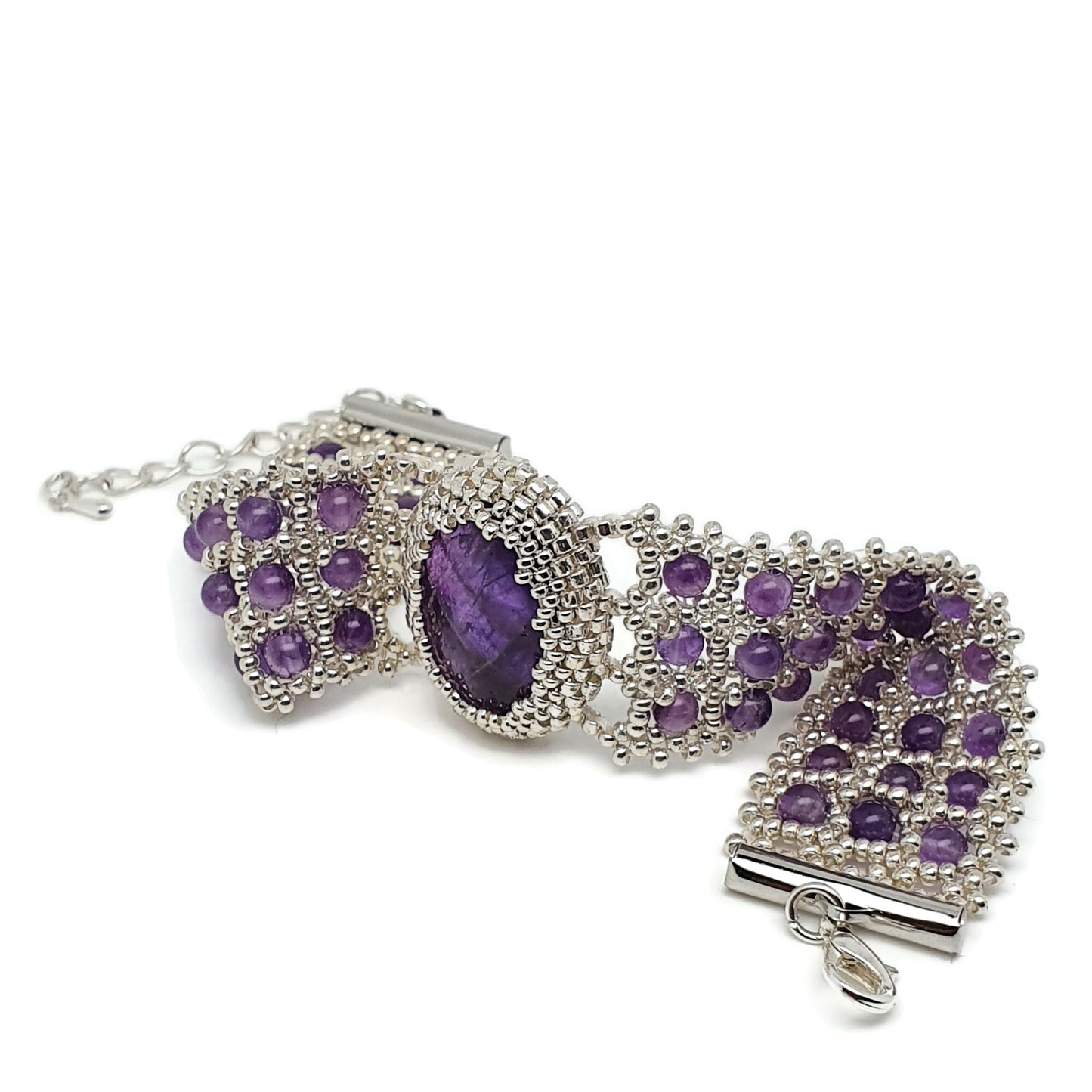 Purple Amethyst Watch Cuff Bracelet Beaded Interlaced Crystal Adjustable Length