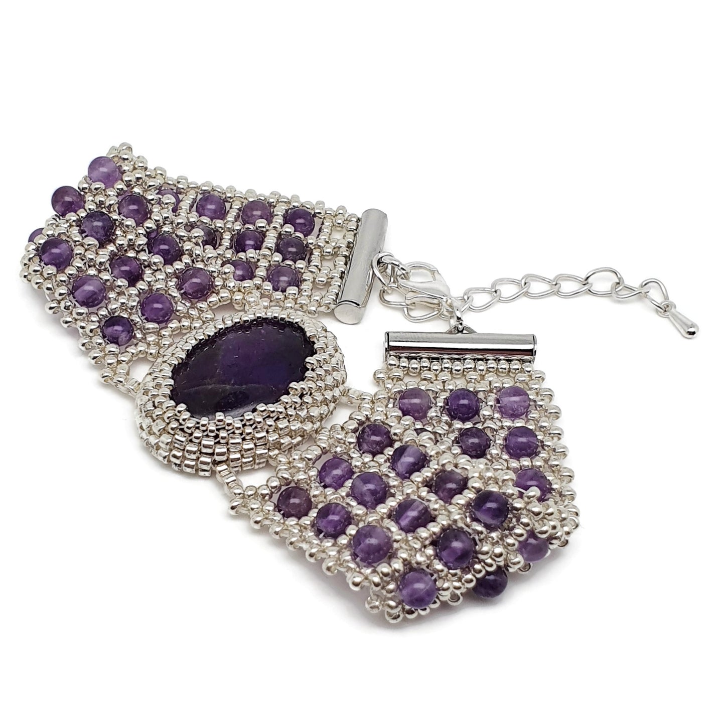 Purple Amethyst Watch Cuff Bracelet Beaded Interlaced Crystal Adjustable Length