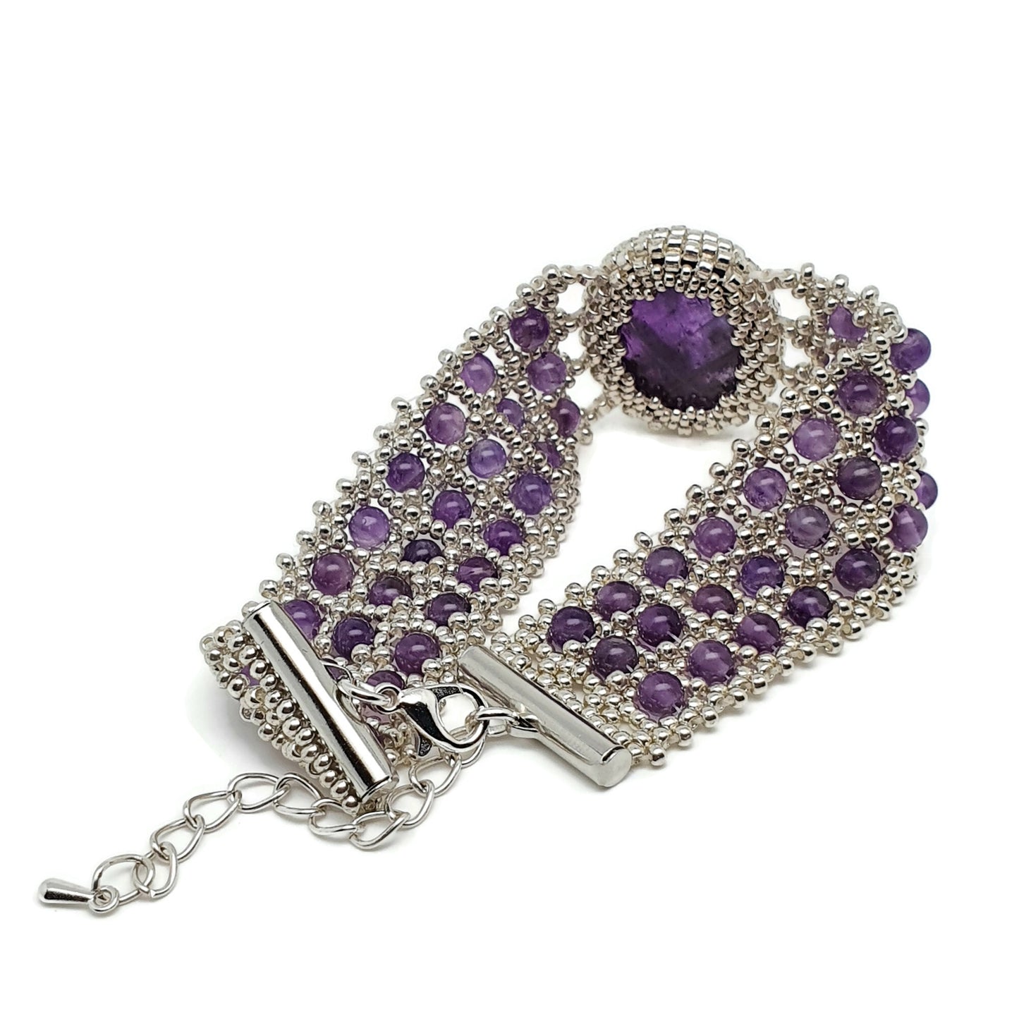 Purple Amethyst Watch Cuff Bracelet Beaded Interlaced Crystal Adjustable Length