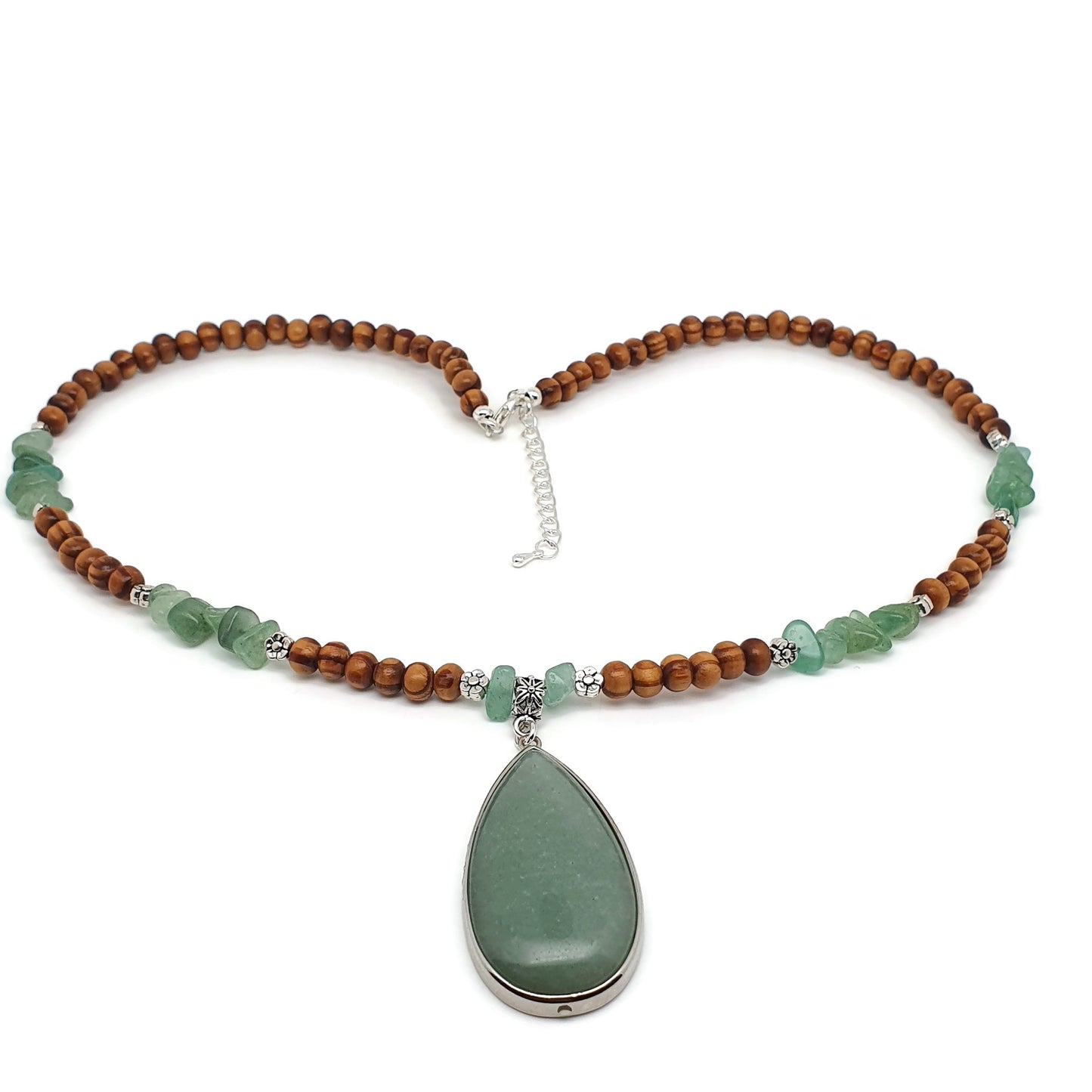 Green Aventurine And Brown Wood Beaded Boho Necklace Large Teardrop Pendant