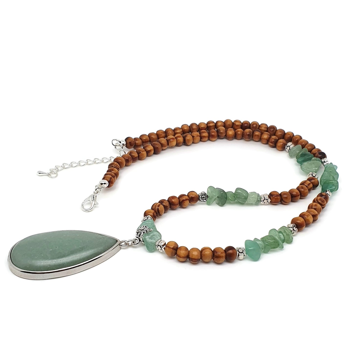 Green Aventurine And Brown Wood Beaded Boho Necklace Large Teardrop Pendant