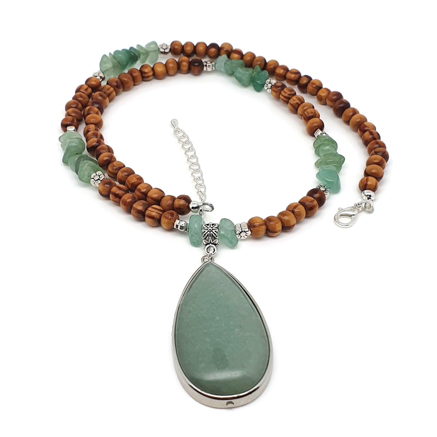 Green Aventurine And Brown Wood Beaded Boho Necklace Large Teardrop Pendant