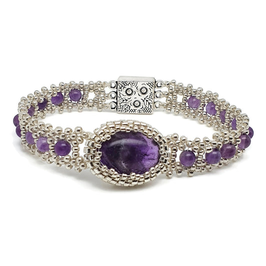 Purple Amethyst Watch Bracelet Beaded Interlaced Crystal Magnetic Clasp