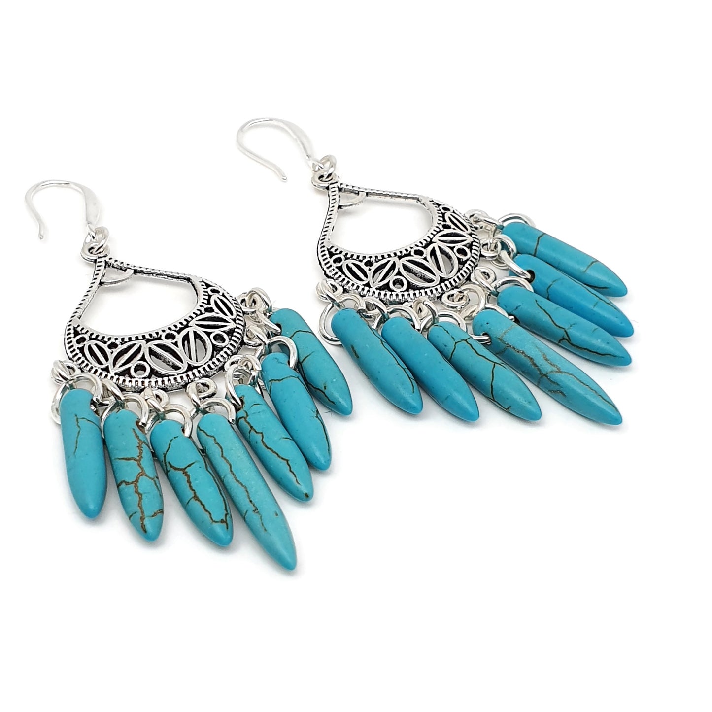 Turquoise Blue Howlite Chandelier Boho Earrings Long Dangle Drop