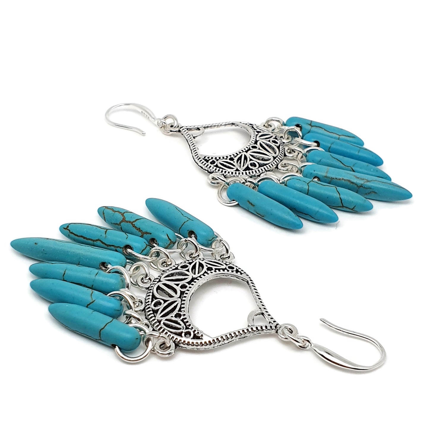 Turquoise Blue Howlite Chandelier Boho Earrings Long Dangle Drop