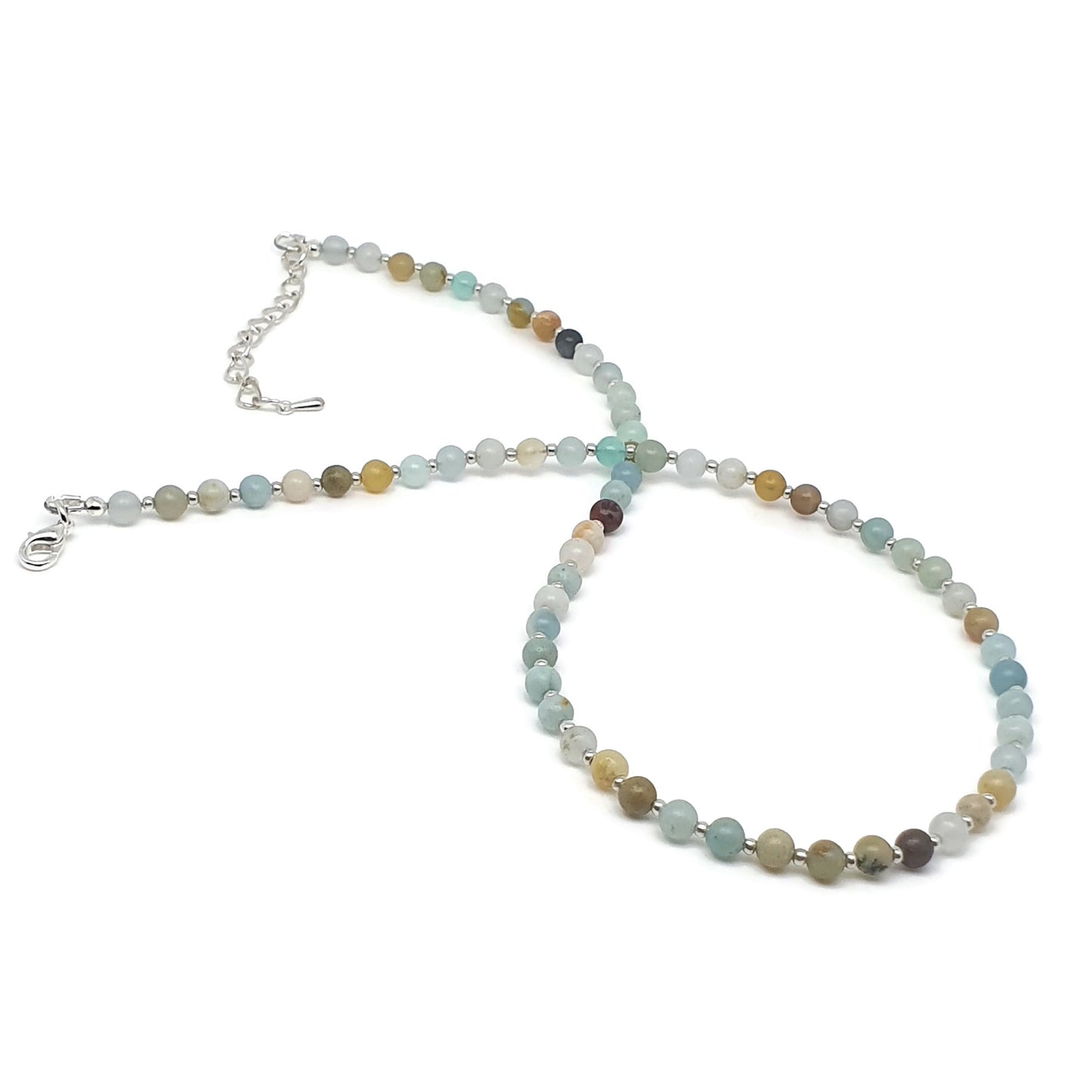 Natural Amazonite Beaded Necklace Gemstone Collar Adjustable Silver Plated