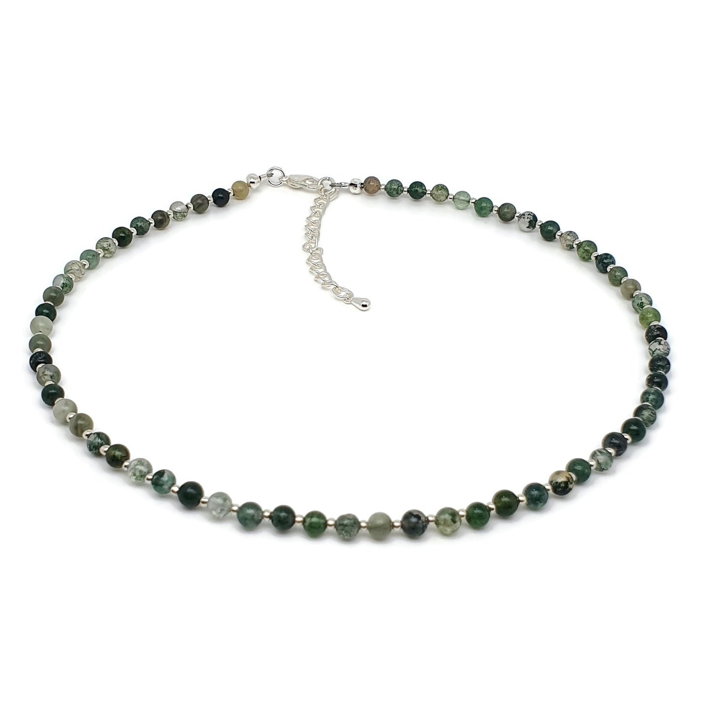 Green Moss Agate Beaded Collar Necklace Silver Plated