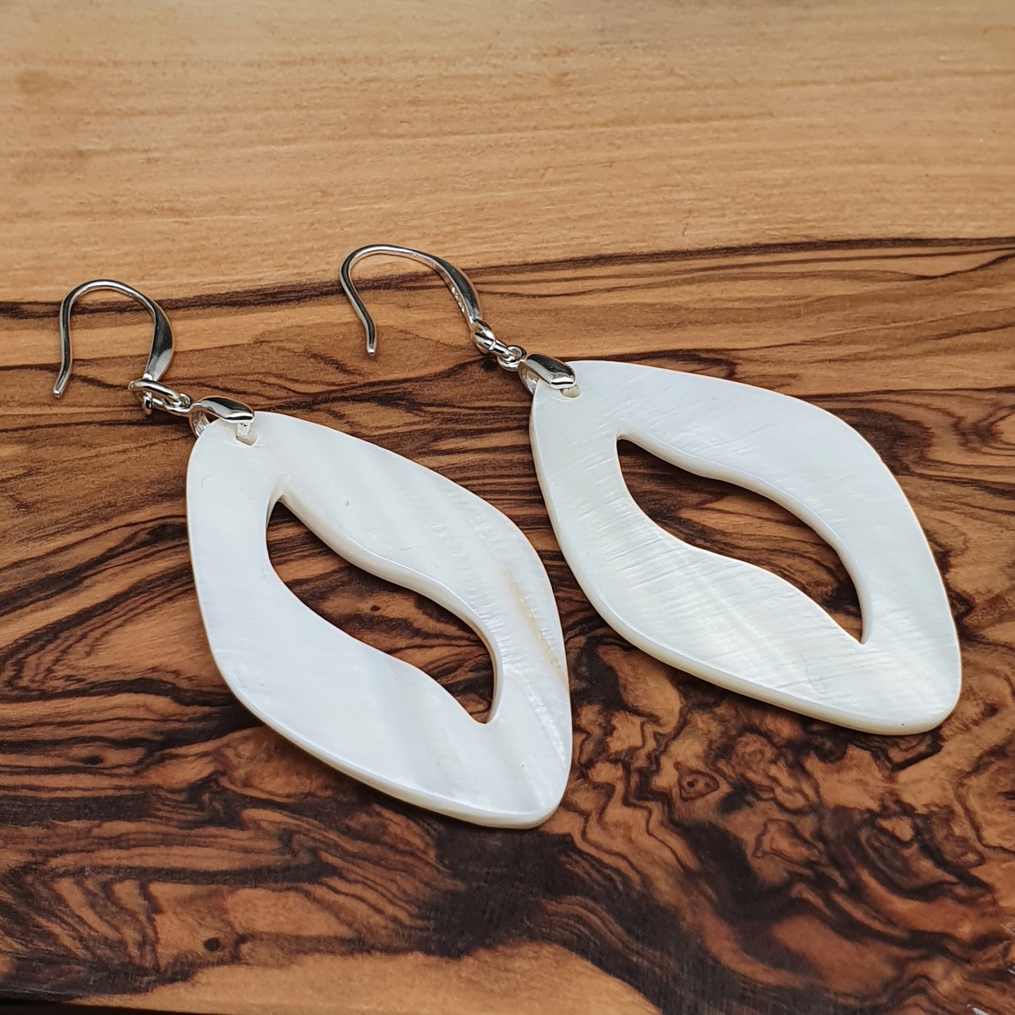 White Mother Of Pearl Geometric Boho Earrings Long Dangle Drop