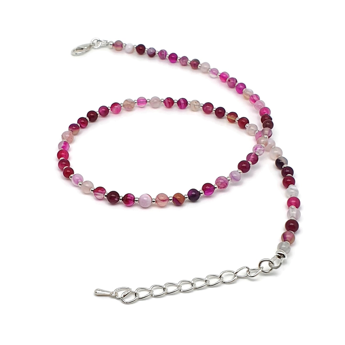 Rose Red Agate Beaded Collar Necklace Silver Plated