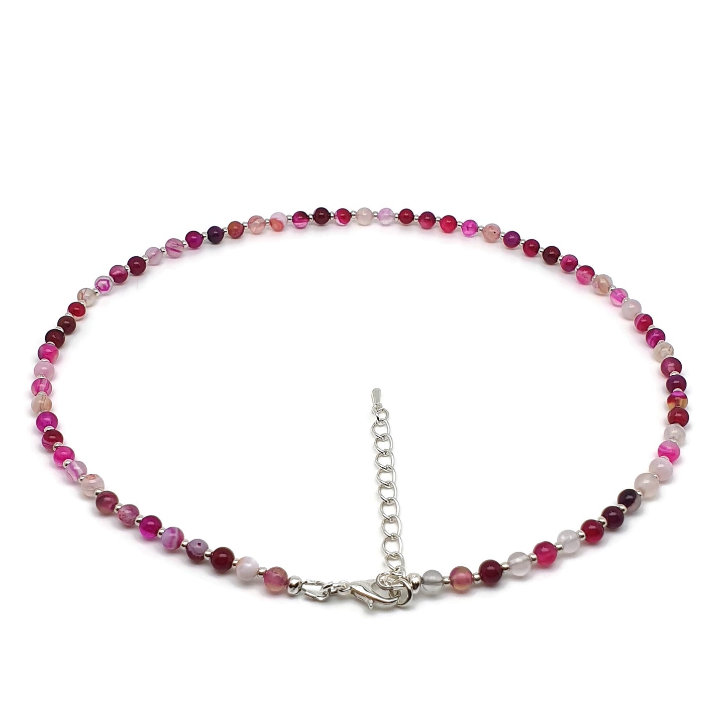 Rose Red Agate Beaded Collar Necklace Silver Plated