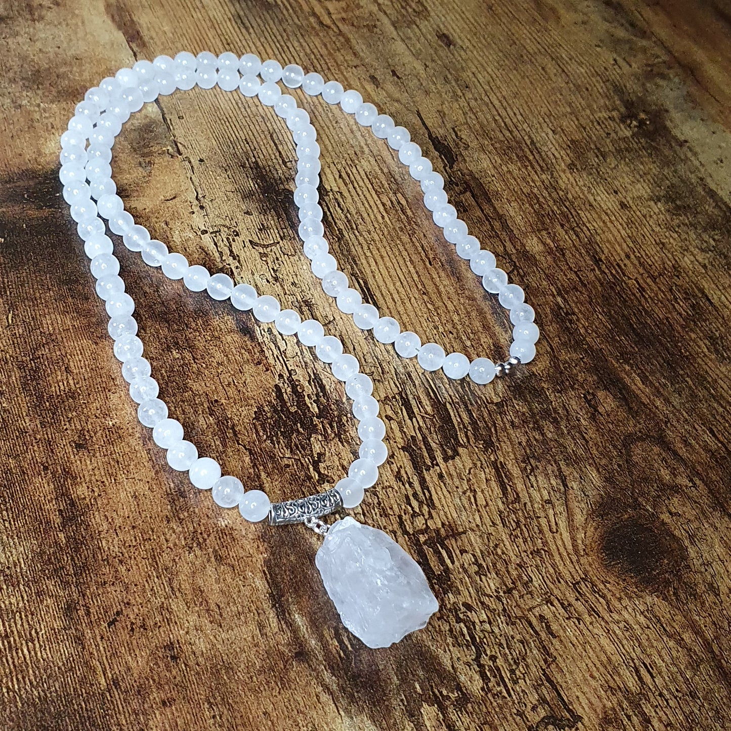 White Jade Beaded Long Boho Necklace Chunky Raw Quartz Pendant