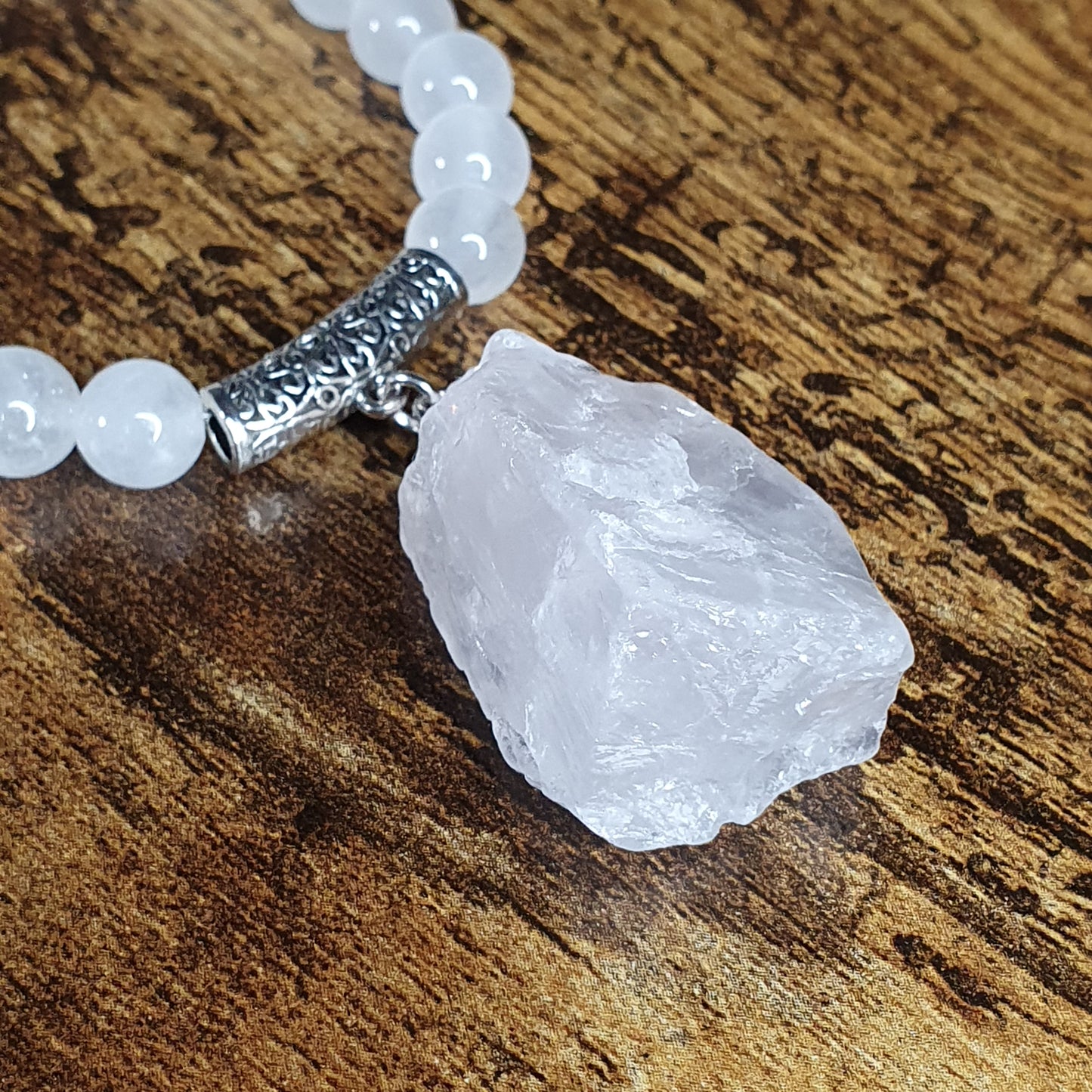 White Jade Beaded Long Boho Necklace Chunky Raw Quartz Pendant