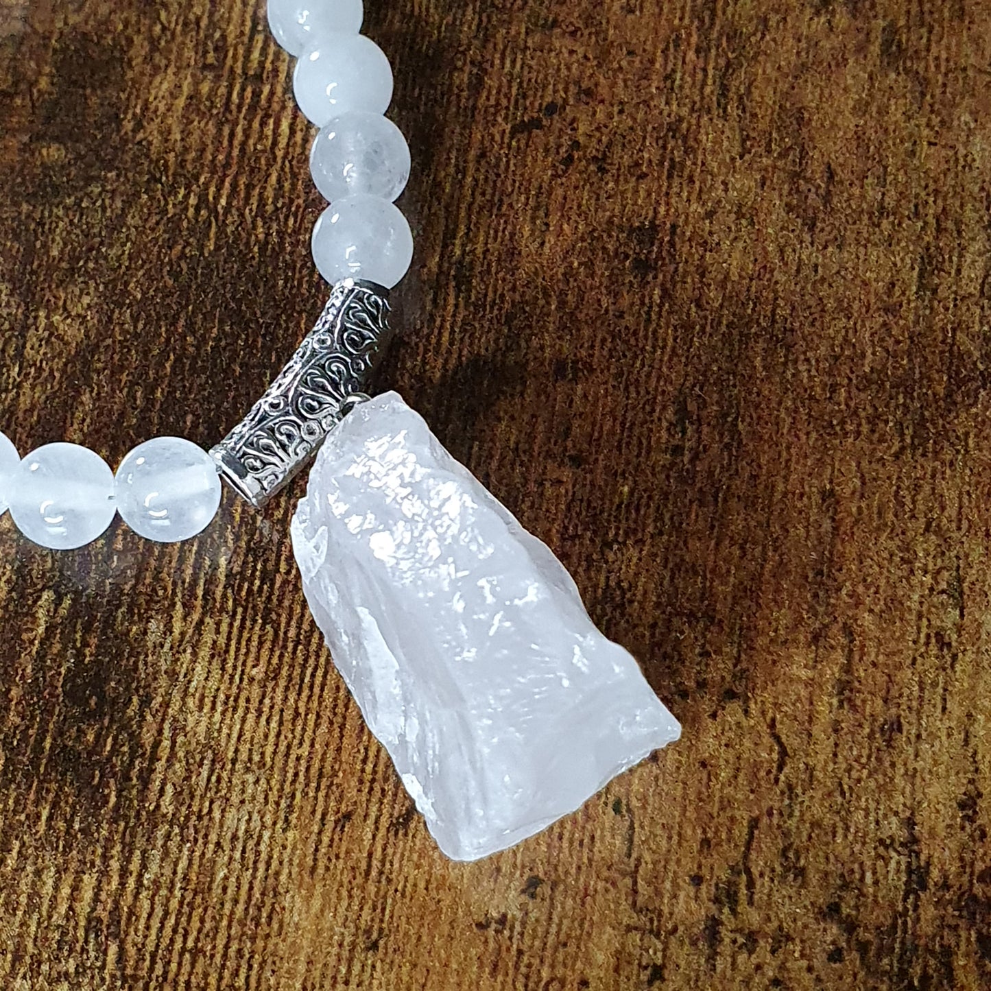 White Jade Beaded Long Boho Necklace Chunky Raw Quartz Pendant