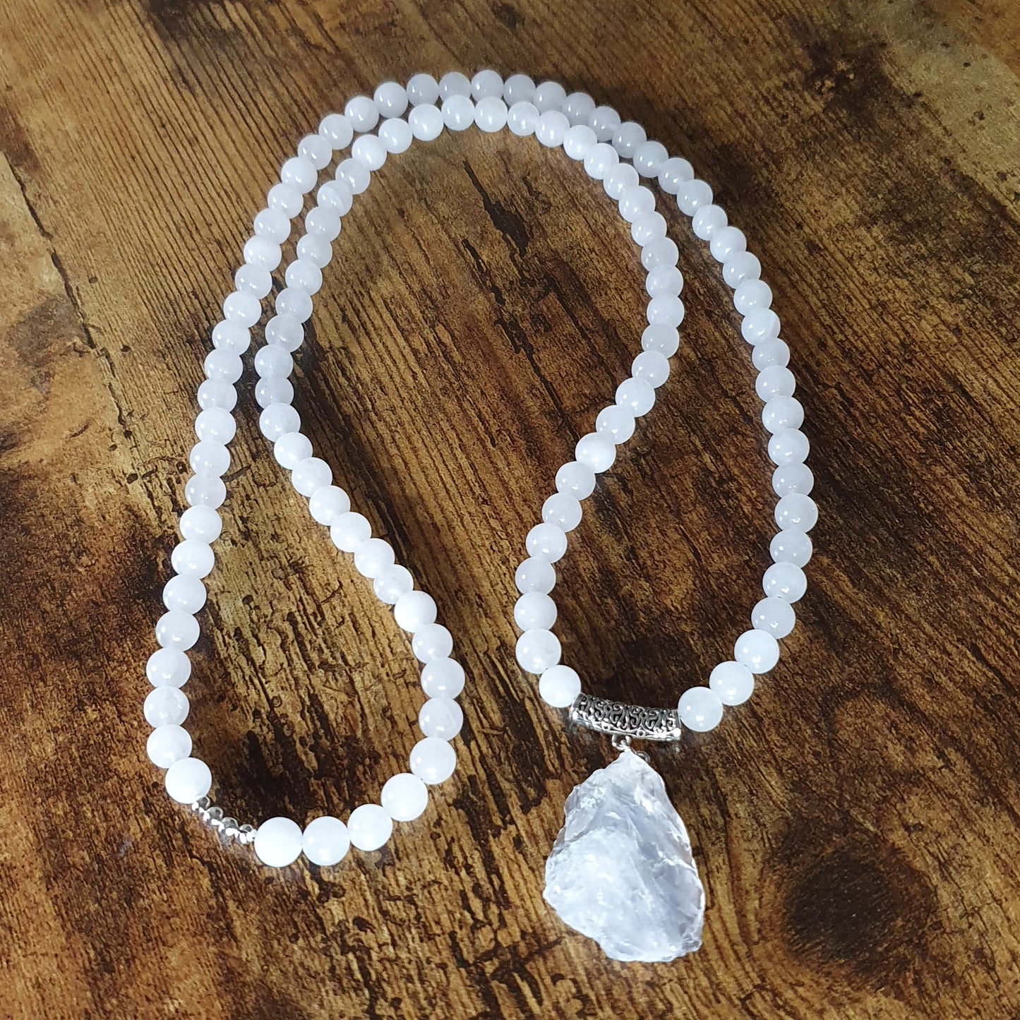 White Jade Beaded Long Boho Necklace Chunky Raw Quartz Pendant