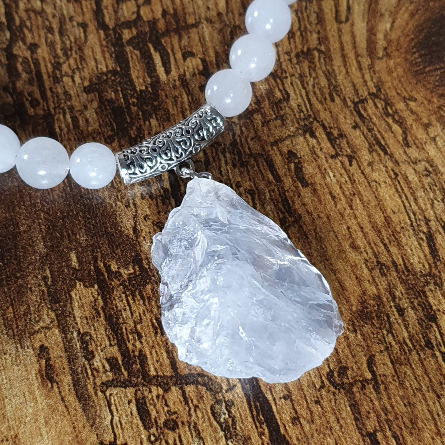 White Jade Beaded Long Boho Necklace Chunky Raw Quartz Pendant