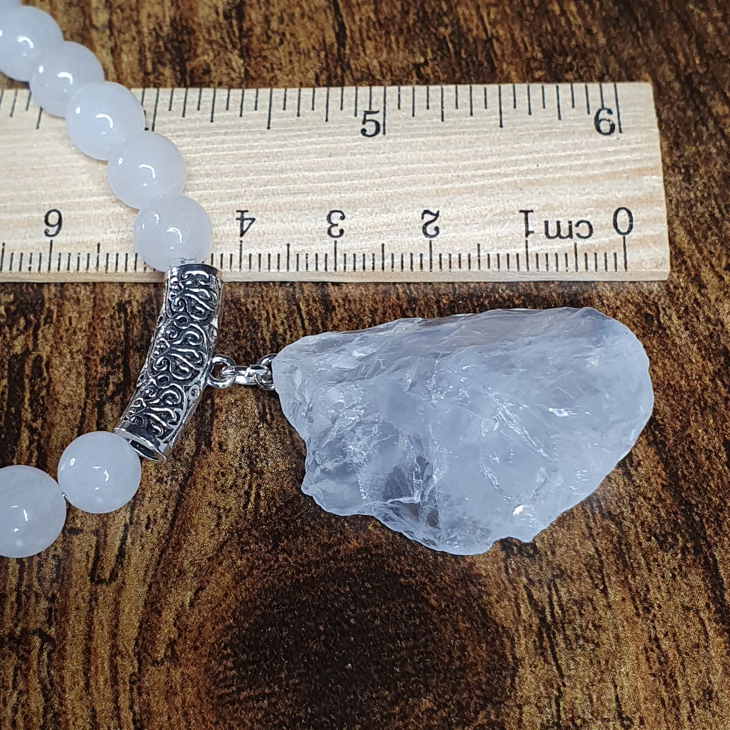 White Jade Beaded Long Boho Necklace Chunky Raw Quartz Pendant