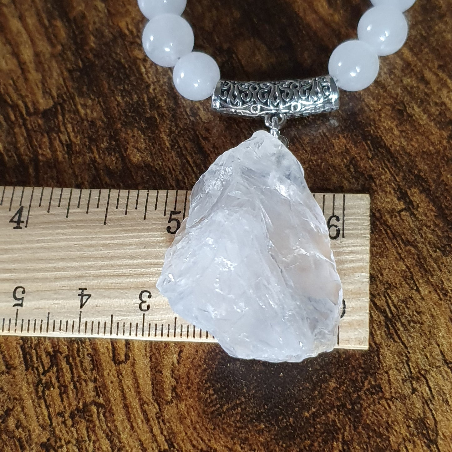 White Jade Beaded Long Boho Necklace Chunky Raw Quartz Pendant