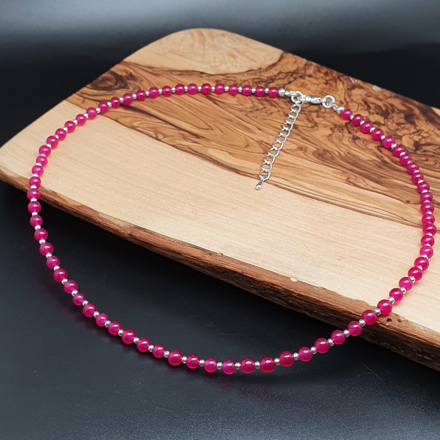 Hot Pink Chalcedony Beaded Collar Boho Necklace Silver Plated