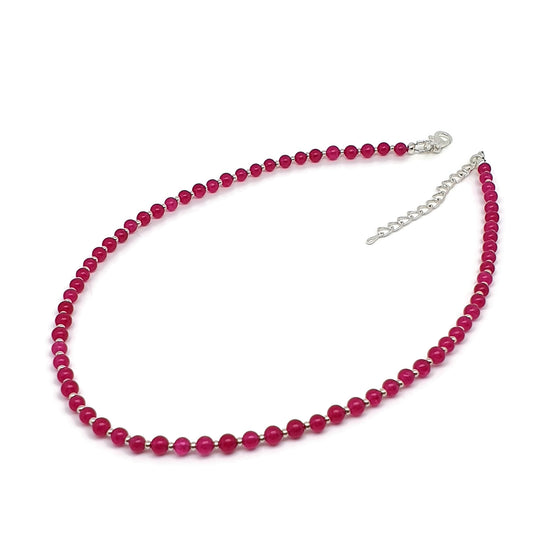 Hot Pink Chalcedony Beaded Collar Boho Necklace Silver Plated