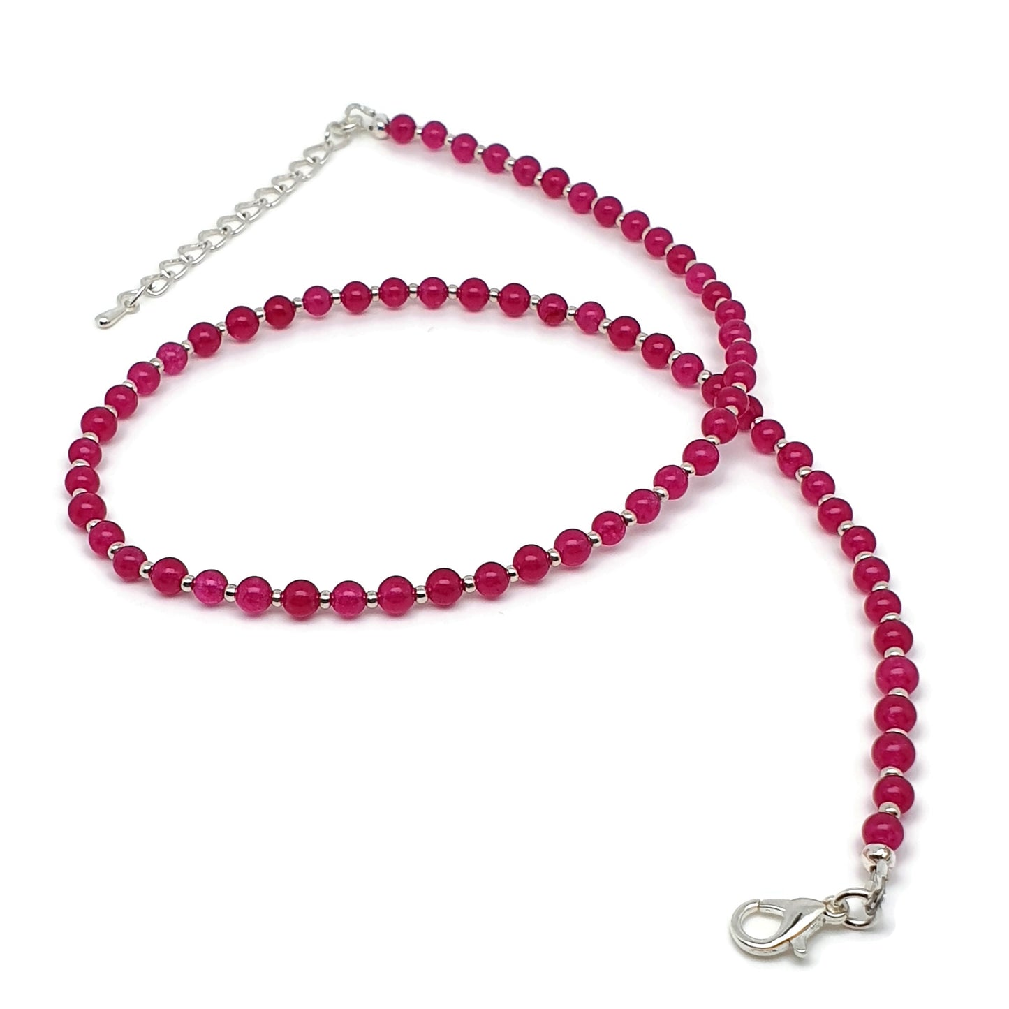 Hot Pink Chalcedony Beaded Collar Boho Necklace Silver Plated