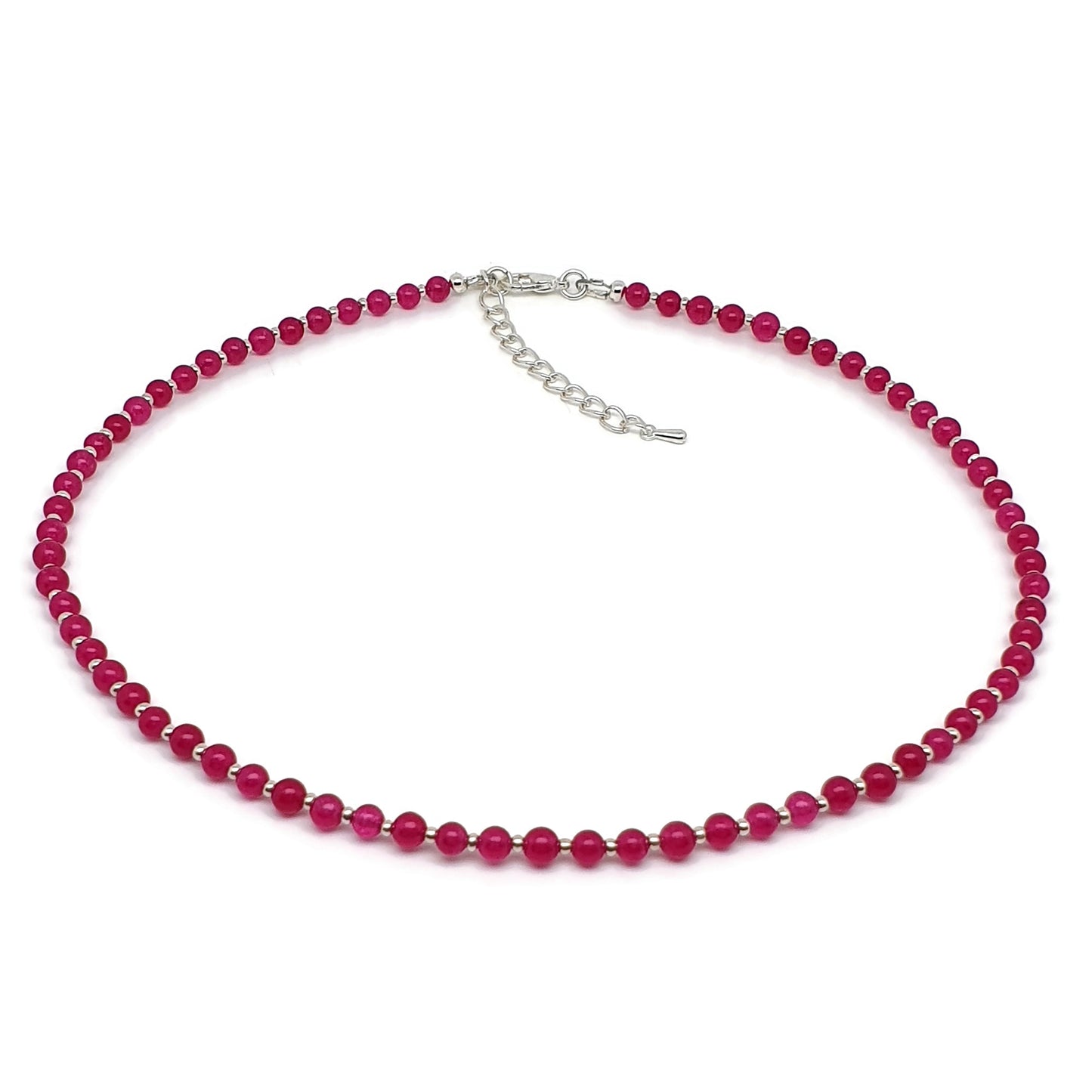 Hot Pink Chalcedony Beaded Collar Boho Necklace Silver Plated