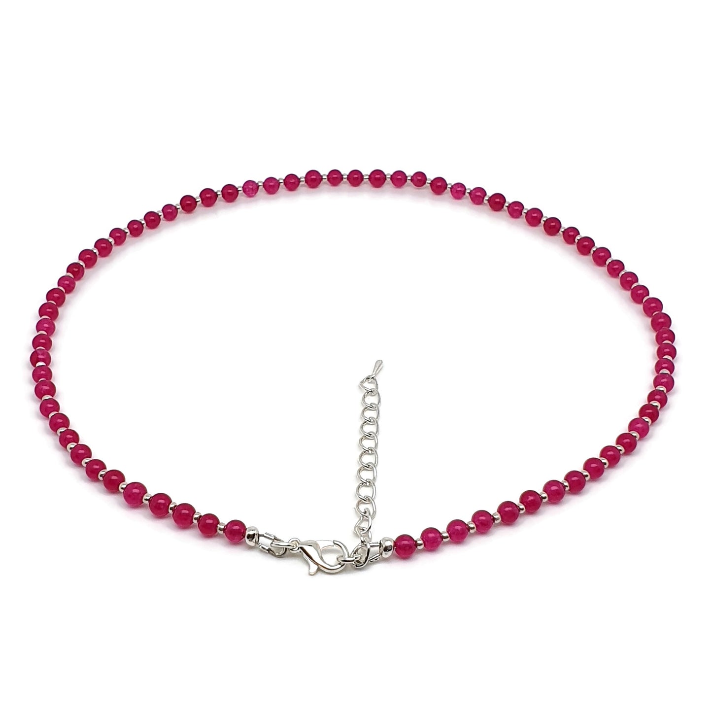 Hot Pink Chalcedony Beaded Collar Boho Necklace Silver Plated