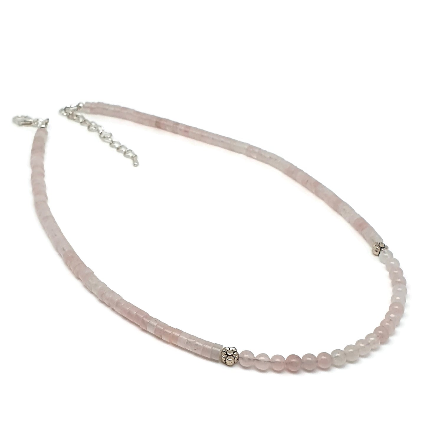 Pink Rose Quartz Beaded Collar Necklace Silver Plated