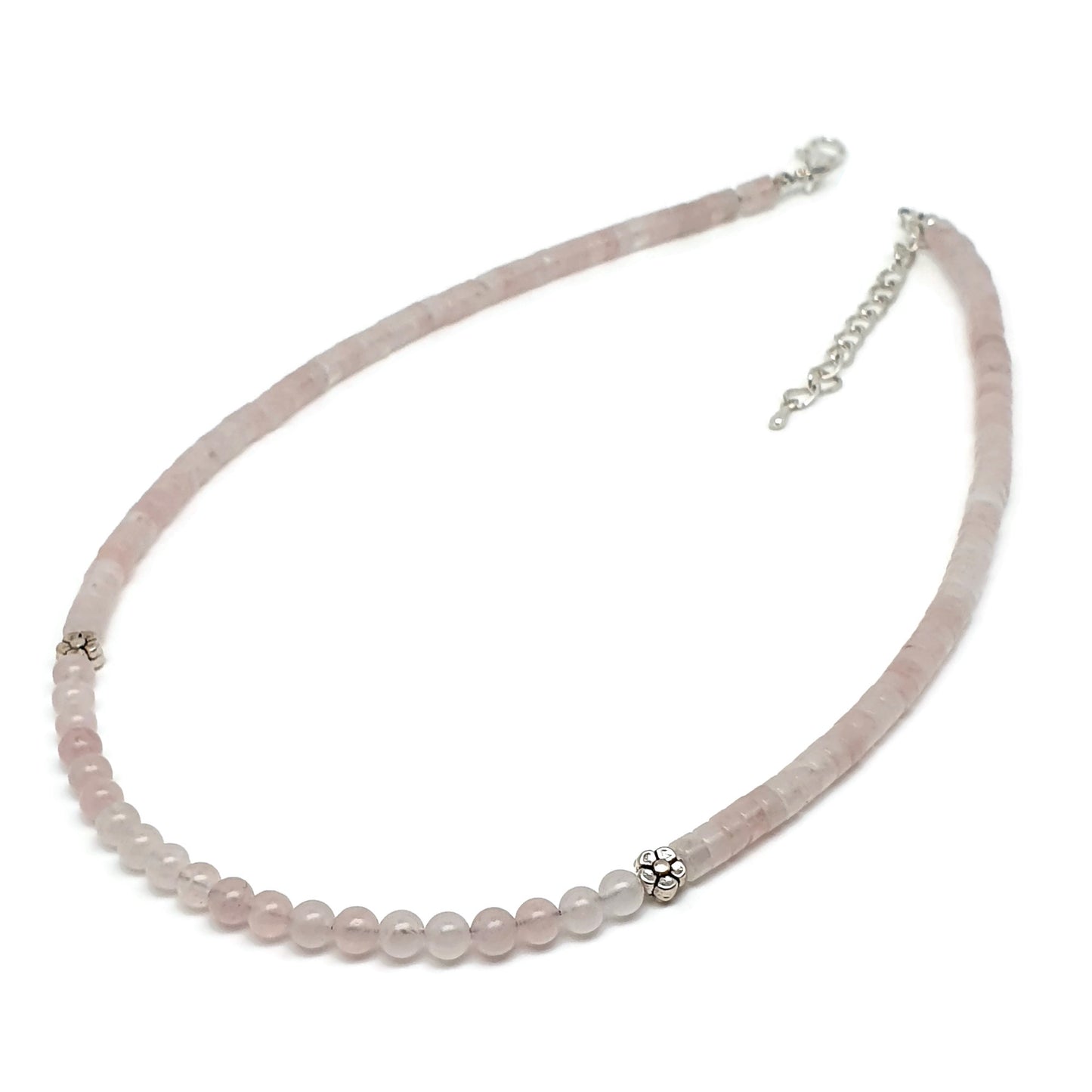 Pink Rose Quartz Beaded Collar Necklace Silver Plated