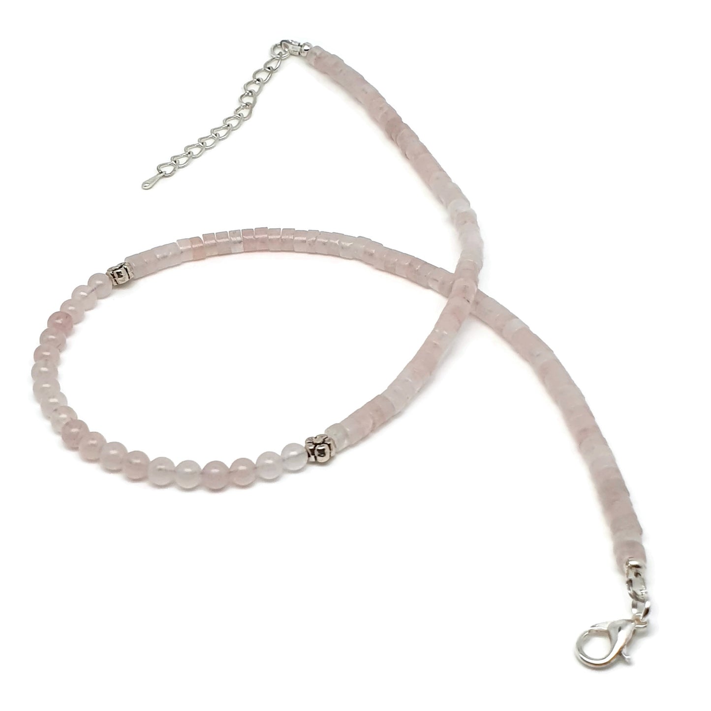 Pink Rose Quartz Beaded Collar Necklace Silver Plated