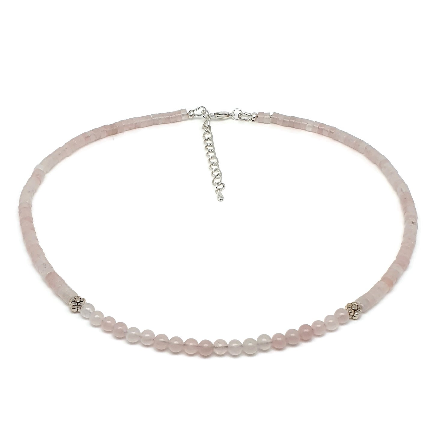 Pink Rose Quartz Beaded Collar Necklace Silver Plated