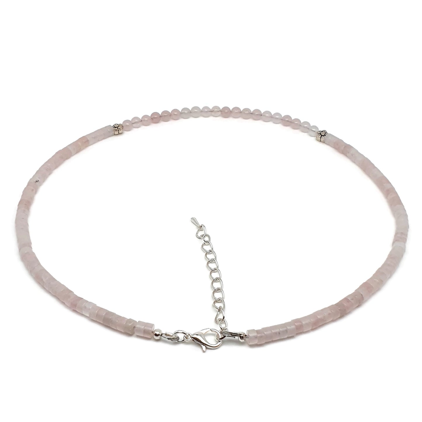 Pink Rose Quartz Beaded Collar Necklace Silver Plated