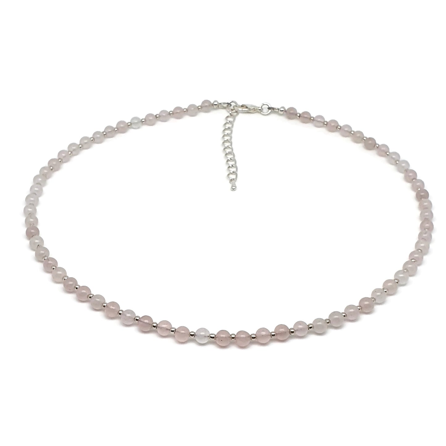 Pink Rose Quartz Beaded Collar Necklace Silver Plated